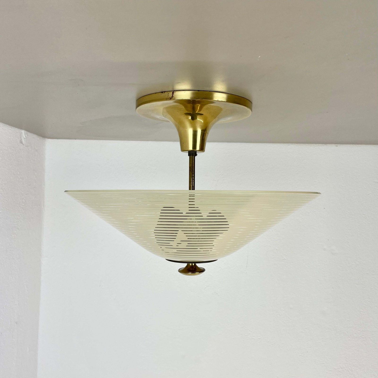 Modernist Stilnovo Style Brass And Glass Ceiling Flushmount Light, Italy 1950s photo furniture