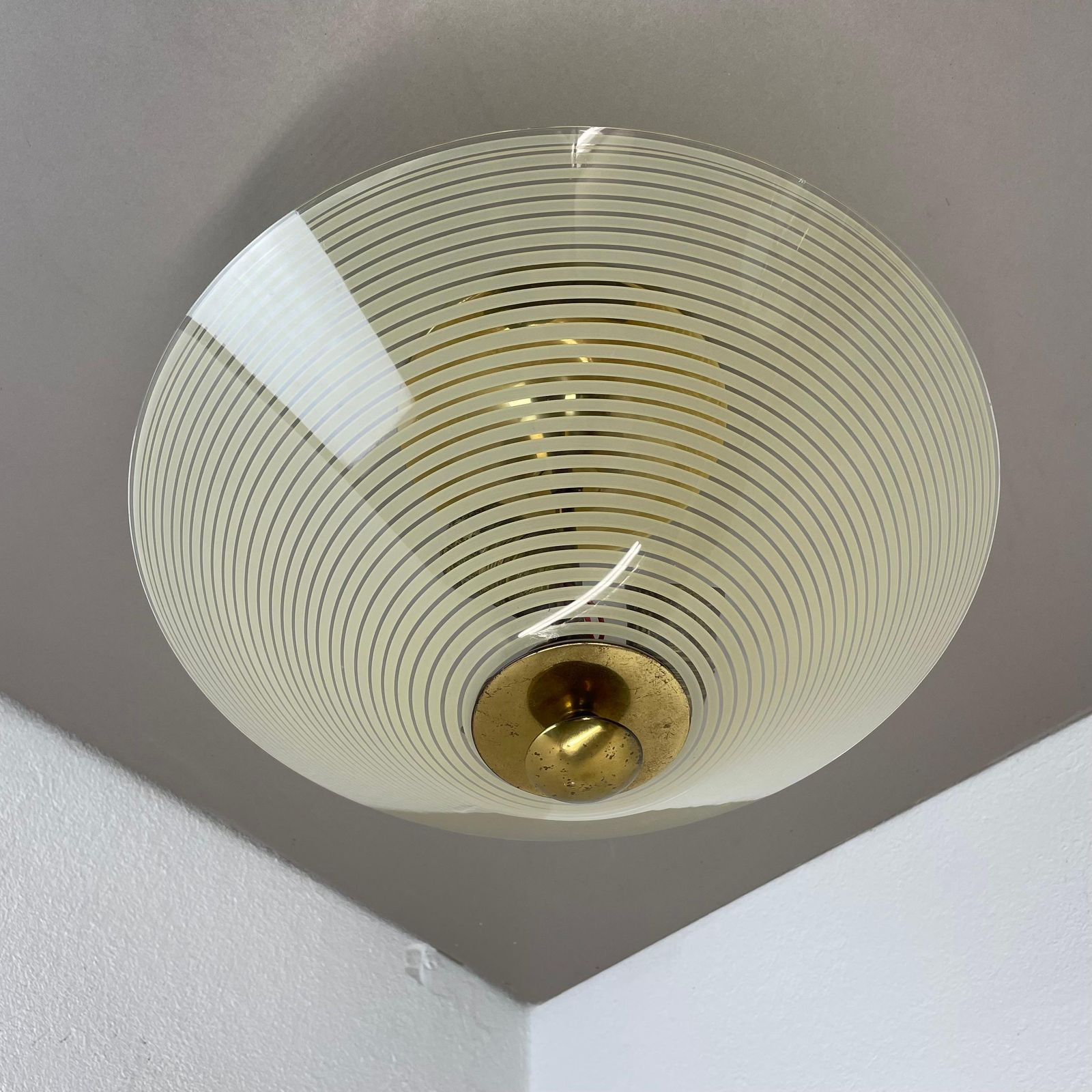 Modernist Stilnovo Style Brass And Glass Ceiling Flushmount Light, Italy 1950s photo Lighting