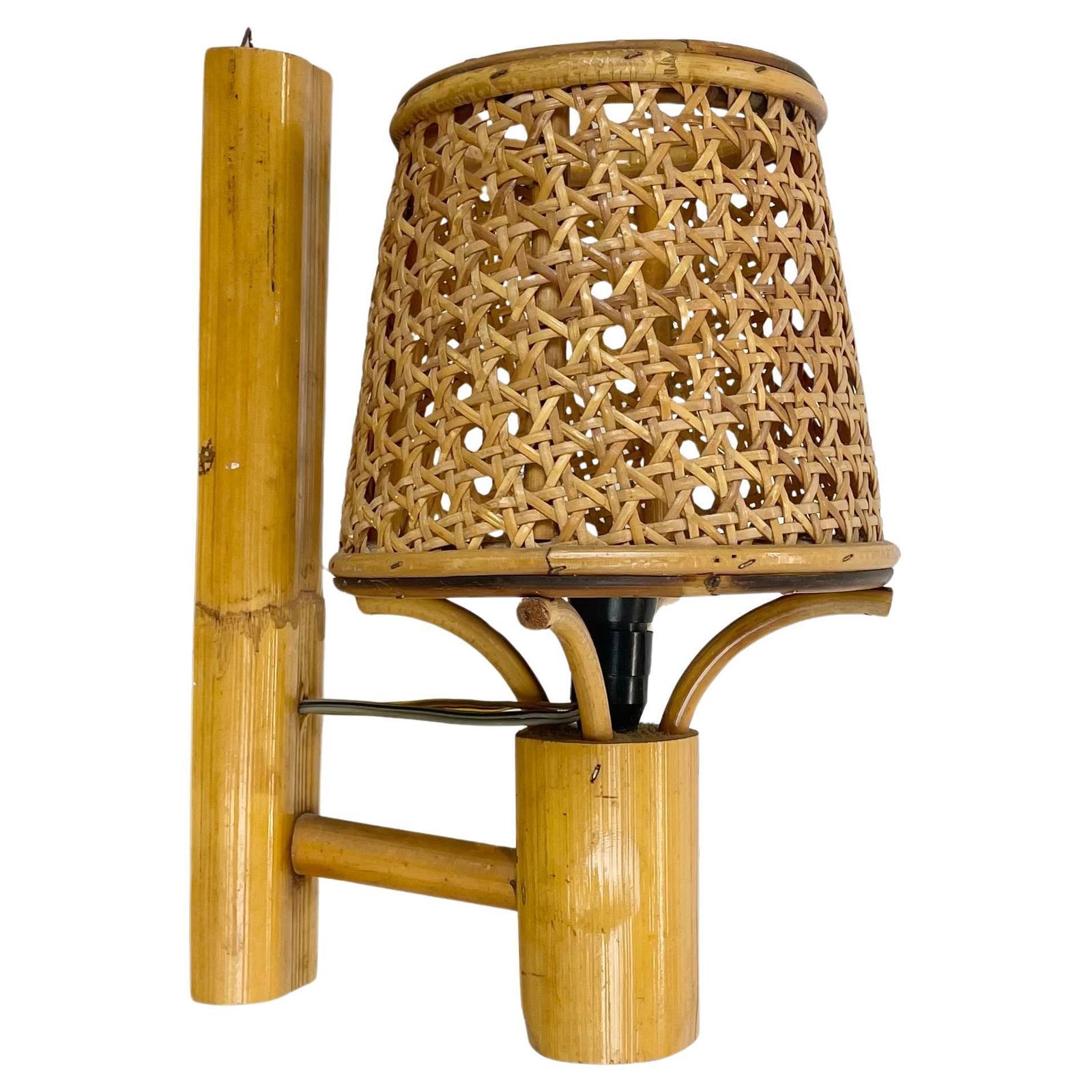 Rare Bamboo, Wicker And Rattan Wall Light In Louis Sognot Style, France, 1950s