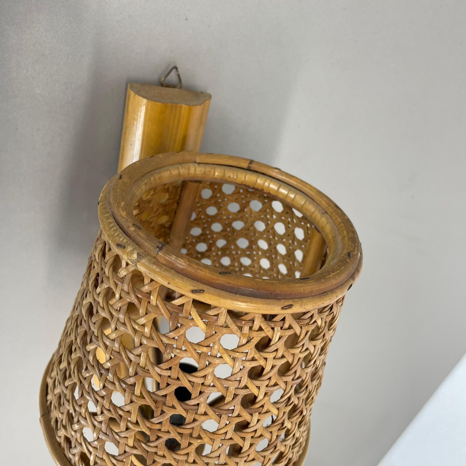 Rare Bamboo, Wicker And Rattan Wall Light In Louis Sognot Style, France, 1950s photo vinterior