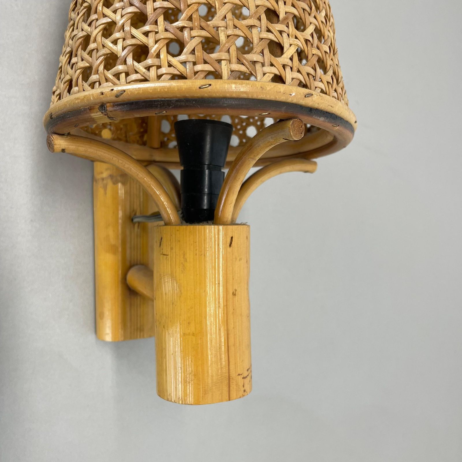 photo furniture Rare Bamboo, Wicker And Rattan Wall Light In Louis Sognot Style, France, 1950s