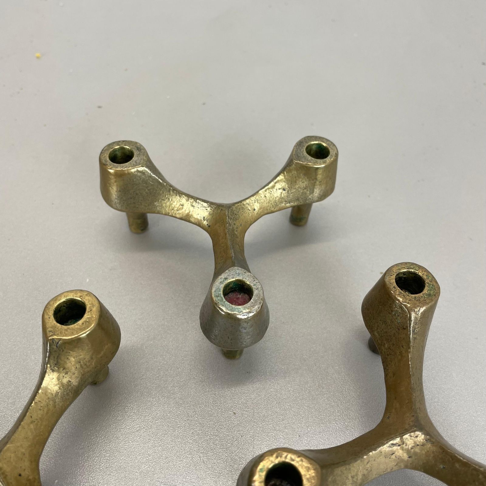 Set Of 3 Sculptural Brutalist Tripod Bronze Metal Candleholder, France, 1960s photo 398.0