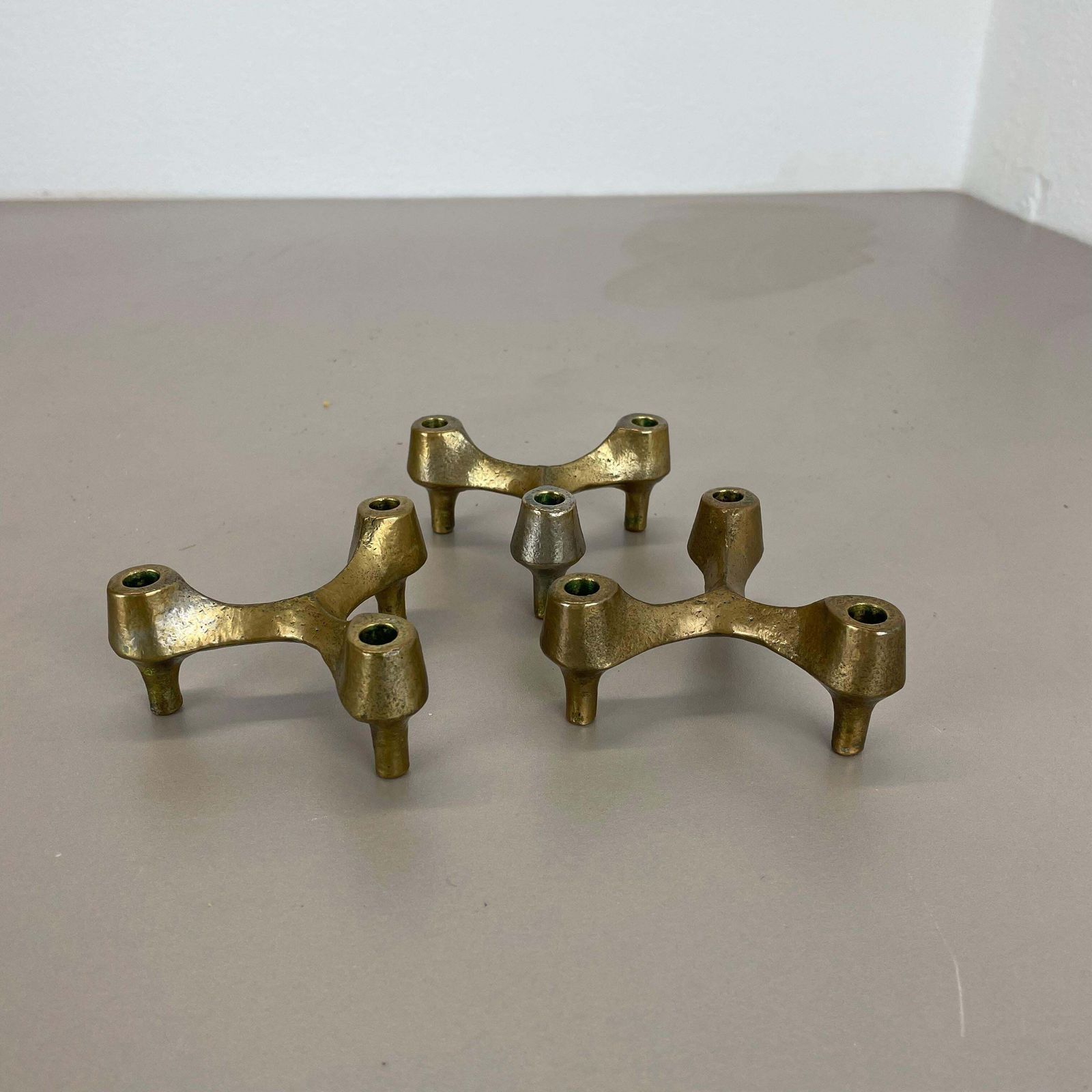Set Of 3 Sculptural Brutalist Tripod Bronze Metal Candleholder, France, 1960s photo buy