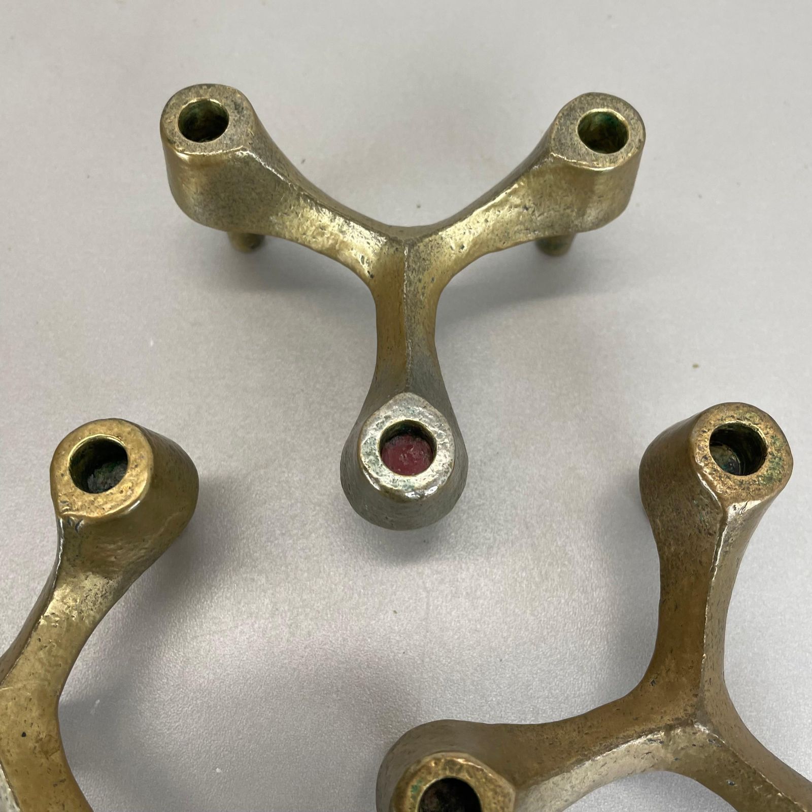 398.0 Set Of 3 Sculptural Brutalist Tripod Bronze Metal Candleholder, France, 1960s photo