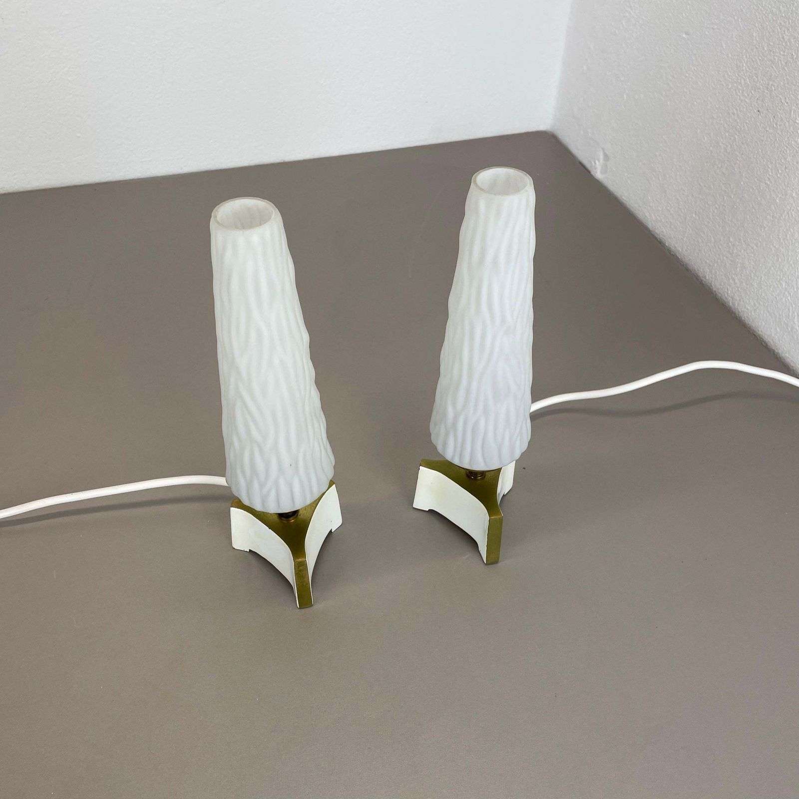 Set Of 2 Stilnovo Sarfatti Style "Cone" Glass And Brass Table Light, Italy 1950s photo for sale