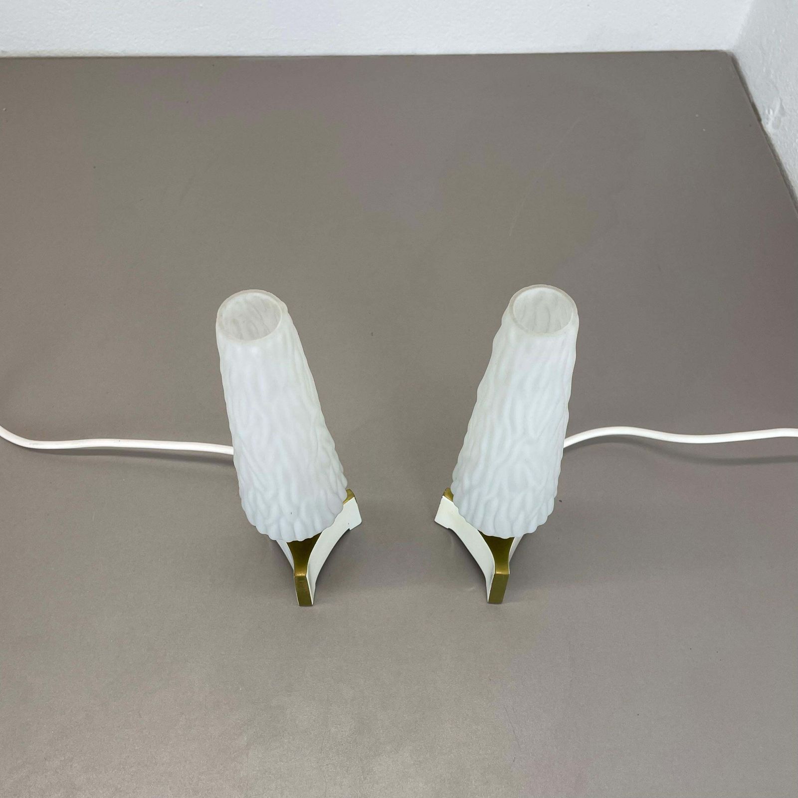 photo for sale Set Of 2 Stilnovo Sarfatti Style "Cone" Glass And Brass Table Light, Italy 1950s