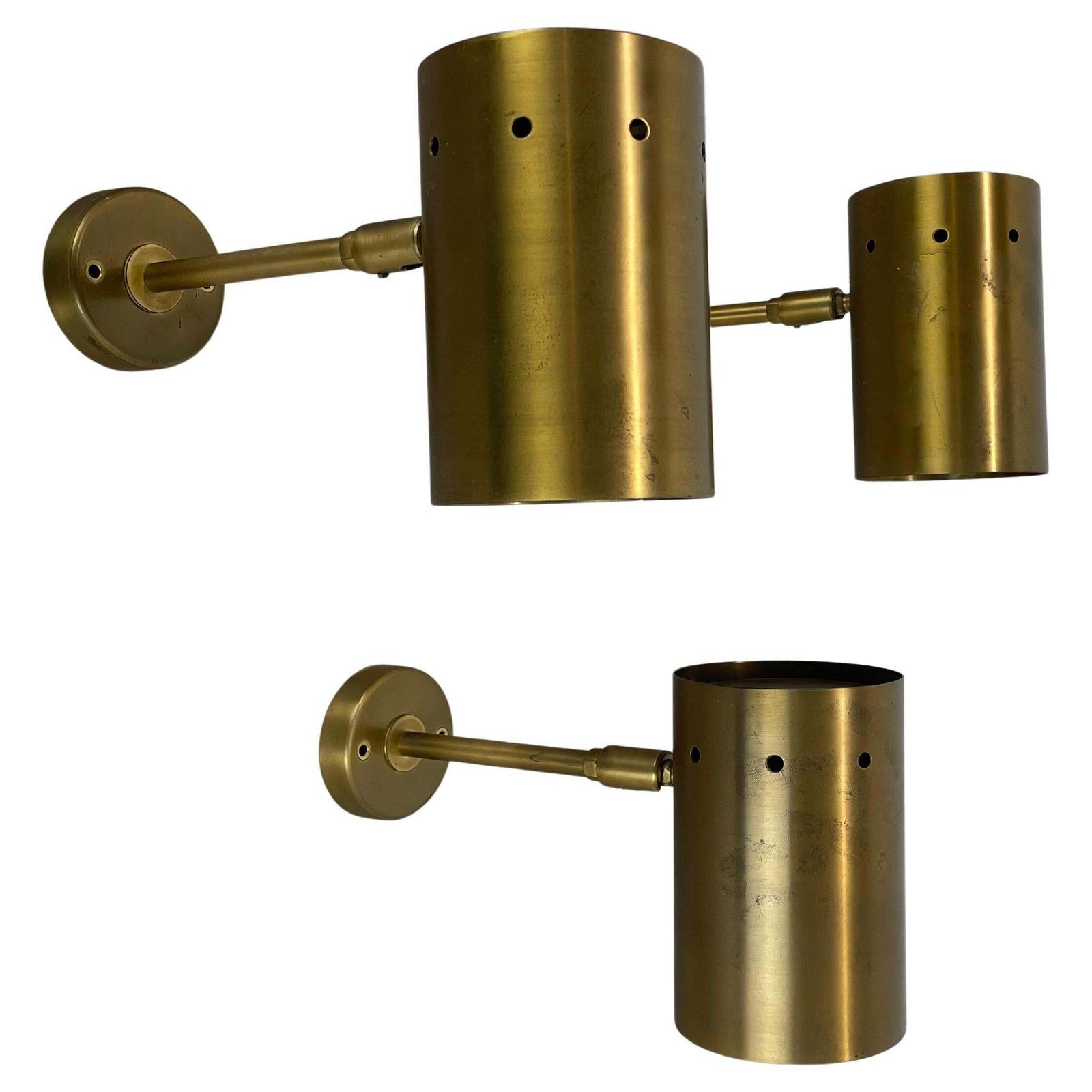 Set Of Three Large Minimalist Brass "Tube" Wall Light Sconces, Italy 1970s