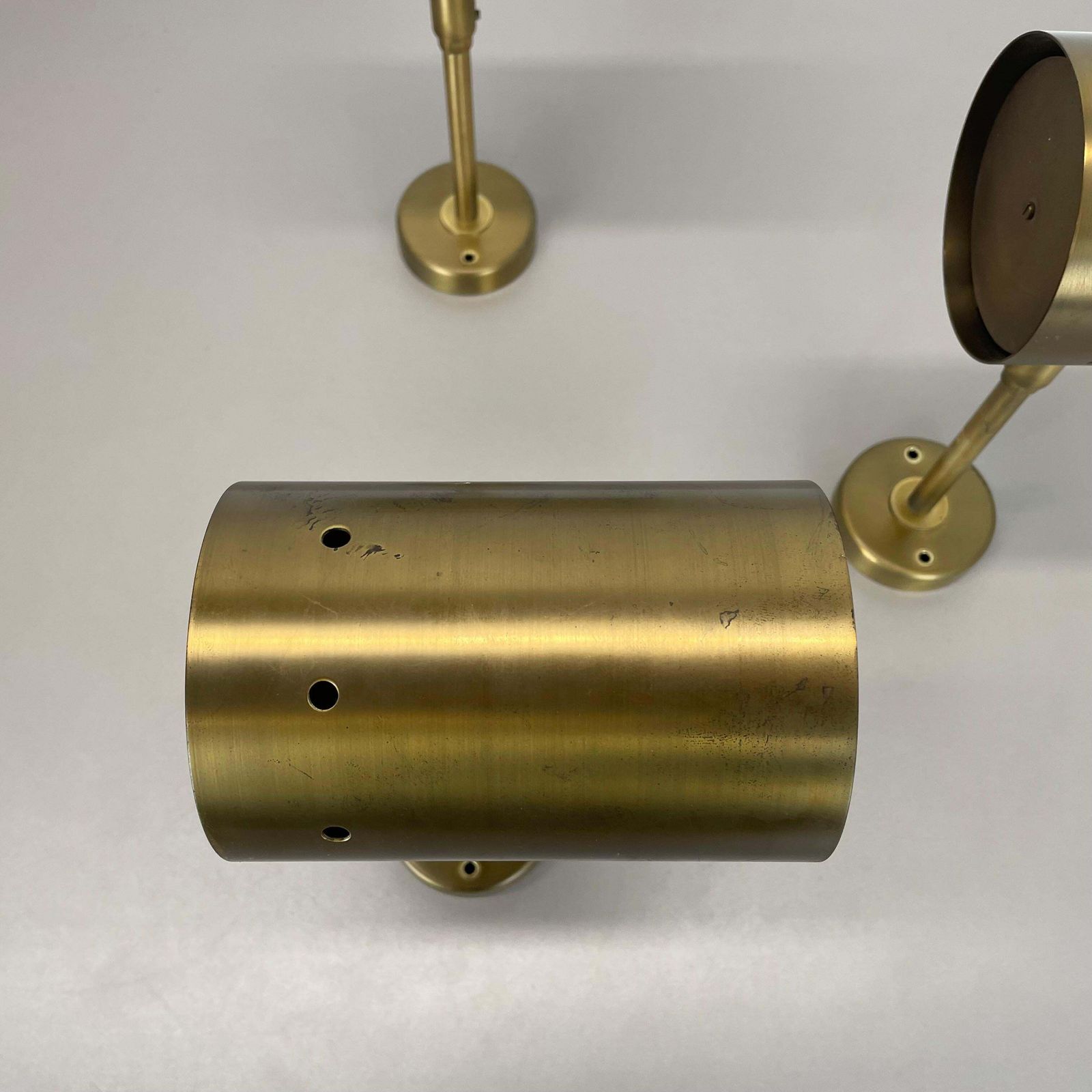 photo furniture Set Of Three Large Minimalist Brass "Tube" Wall Light Sconces, Italy 1970s