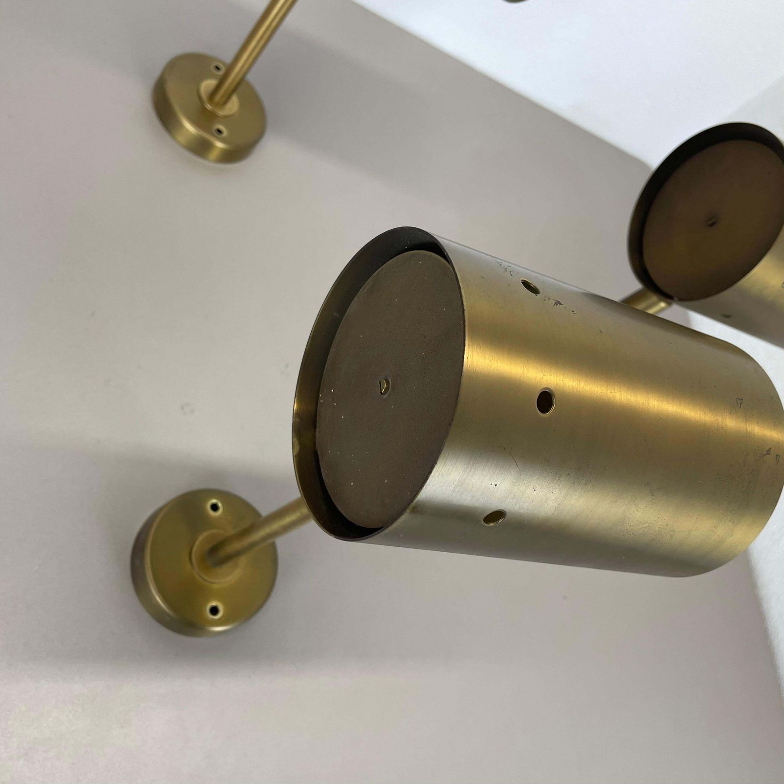 photo for sale Set Of Three Large Minimalist Brass "Tube" Wall Light Sconces, Italy 1970s