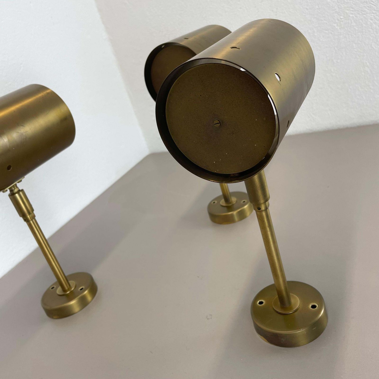 Lighting Set Of Three Large Minimalist Brass "Tube" Wall Light Sconces, Italy 1970s photo