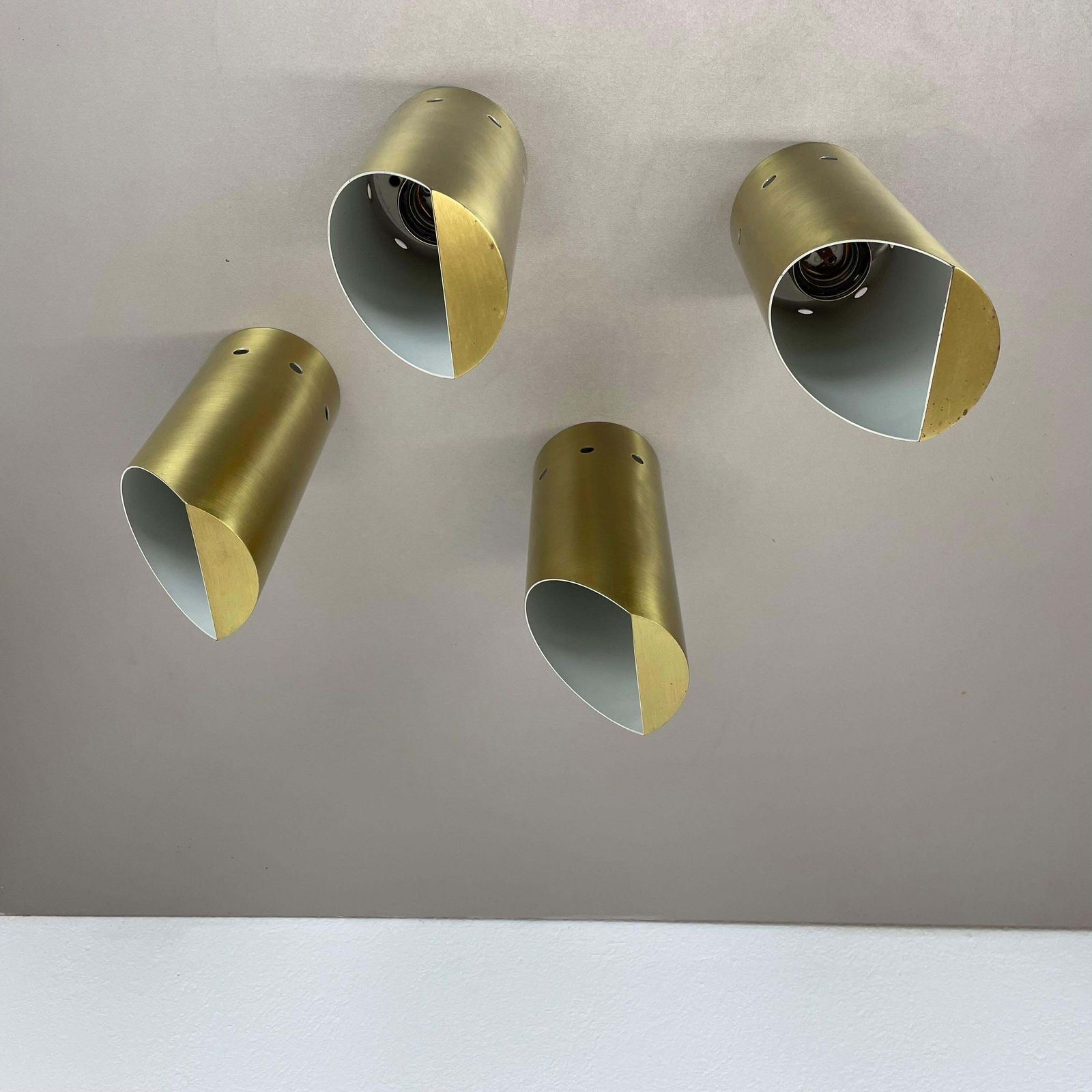 Set Of Four Minimalist Brass "Tube" Wall Ceiling Light Sconces, Italy 1970s photo for sale