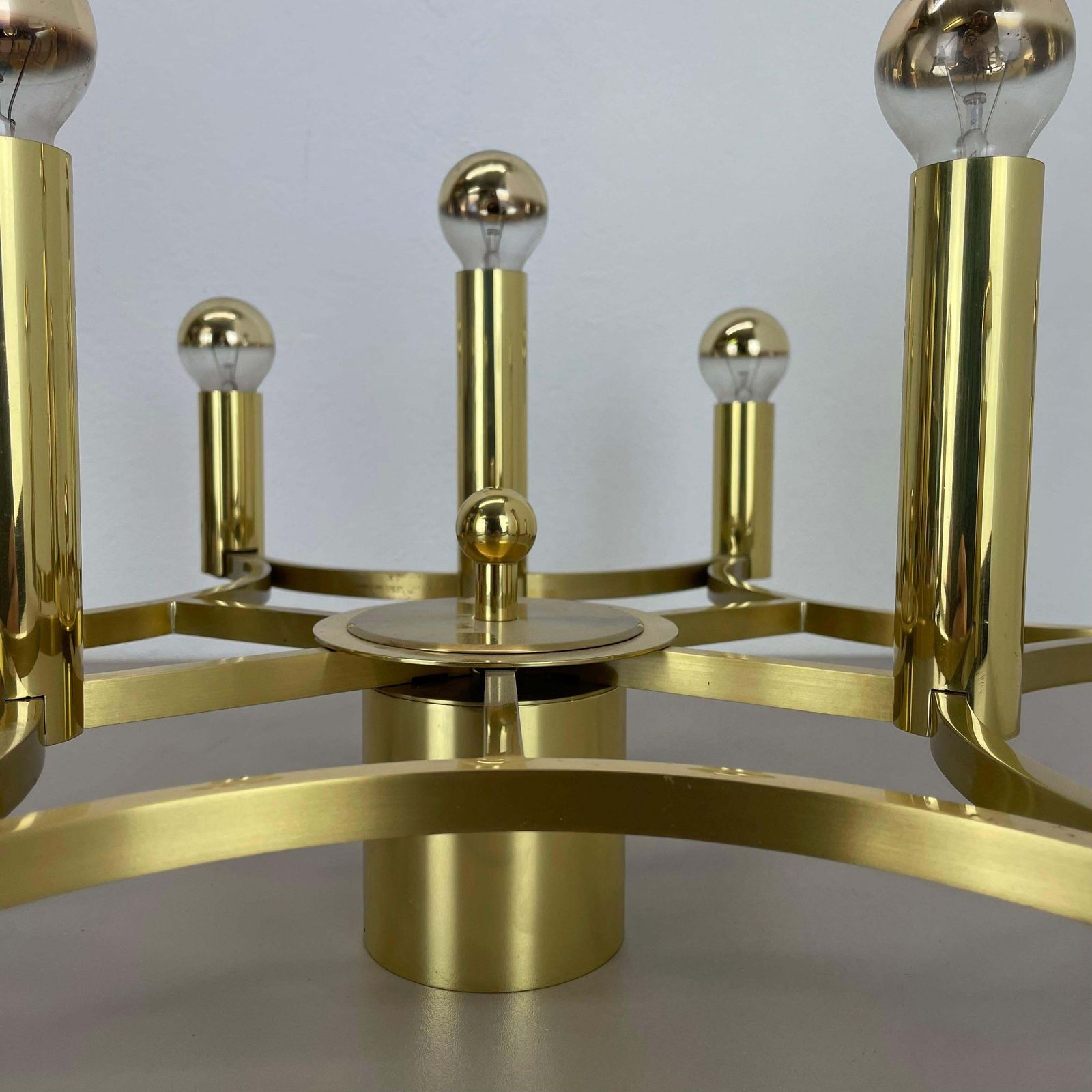1593.0 Large Cubic Brass 9 Bulb Stilnovo Style Flush Mount Ceiling Light, Italy 1960s photo