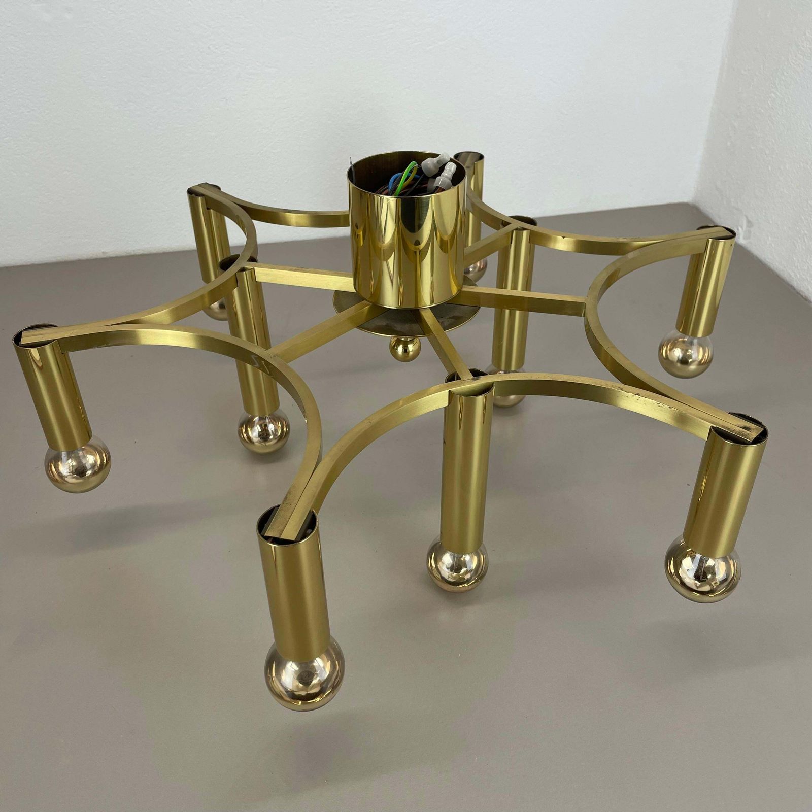 photo buy Large Cubic Brass 9 Bulb Stilnovo Style Flush Mount Ceiling Light, Italy 1960s