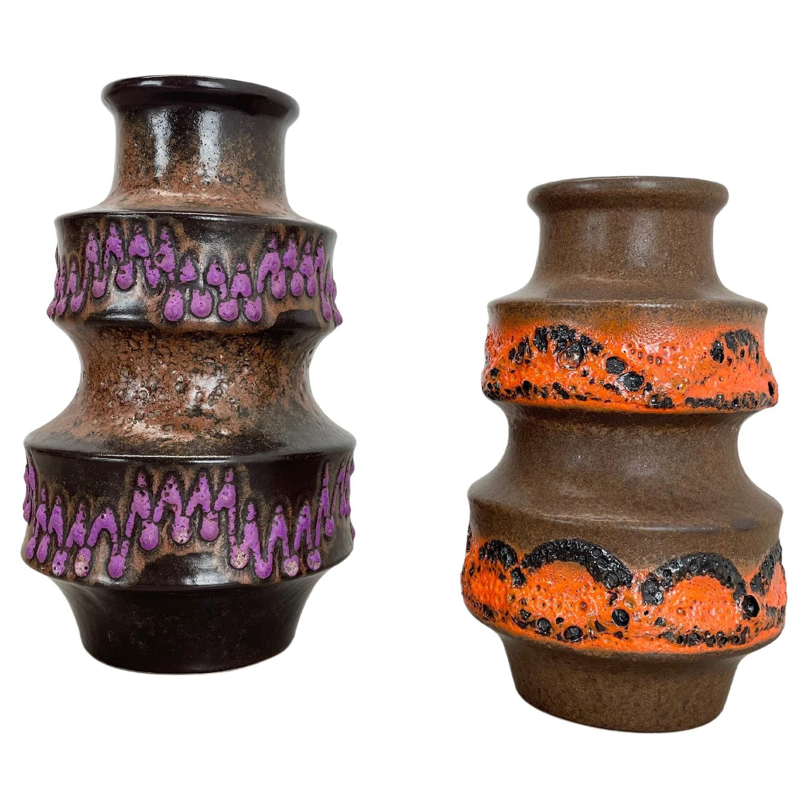 Set Of Two Wgp "Pink Orange" Ceramic Fat Lava Vases By Scheurich, Germany, 1970s