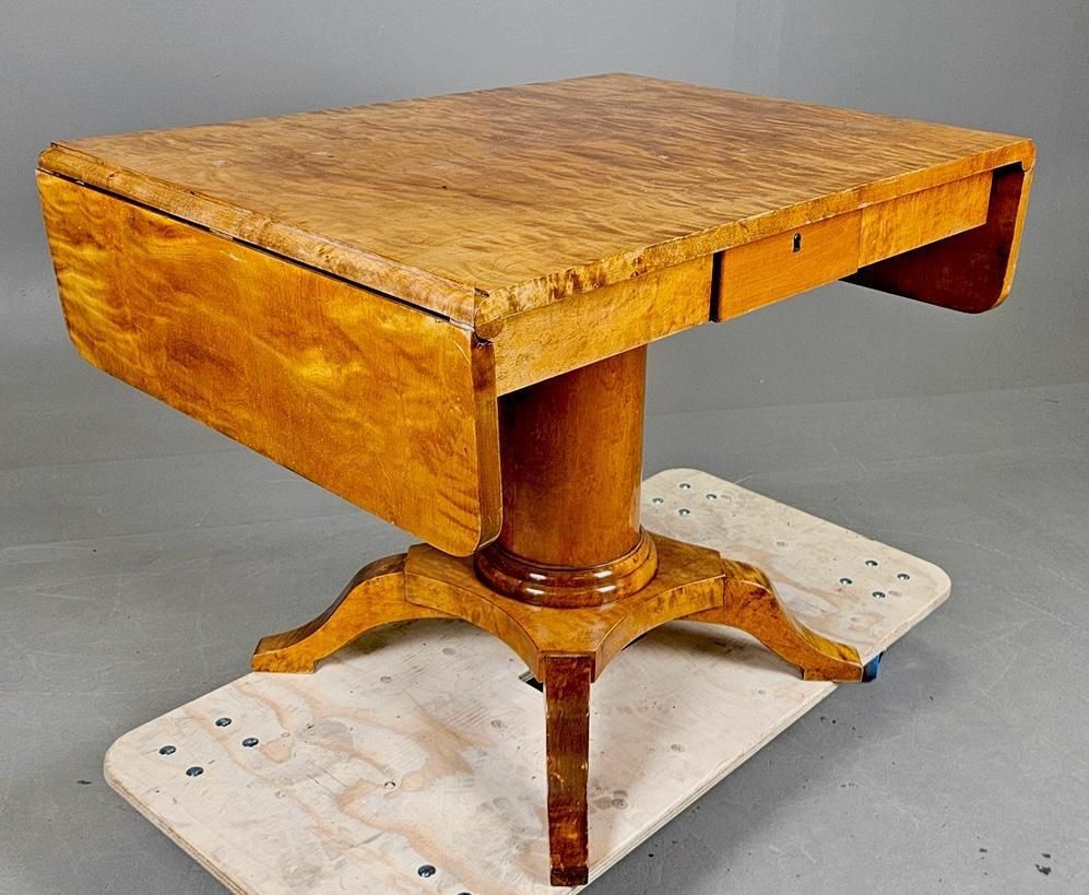 Swedish Biedermeier Drop Leaf Pedestal Table Golden Birch 142cm photo Furniture