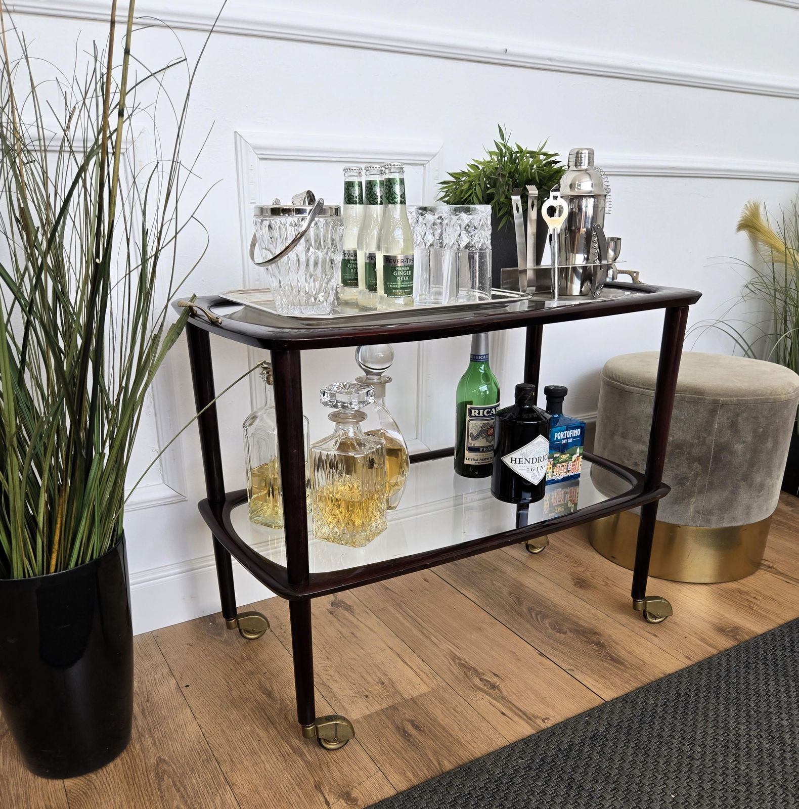 1950s Art Deco Mid Century Italian Wood And Brass Dry Bar Cabinet Liquor Cart photo for sale