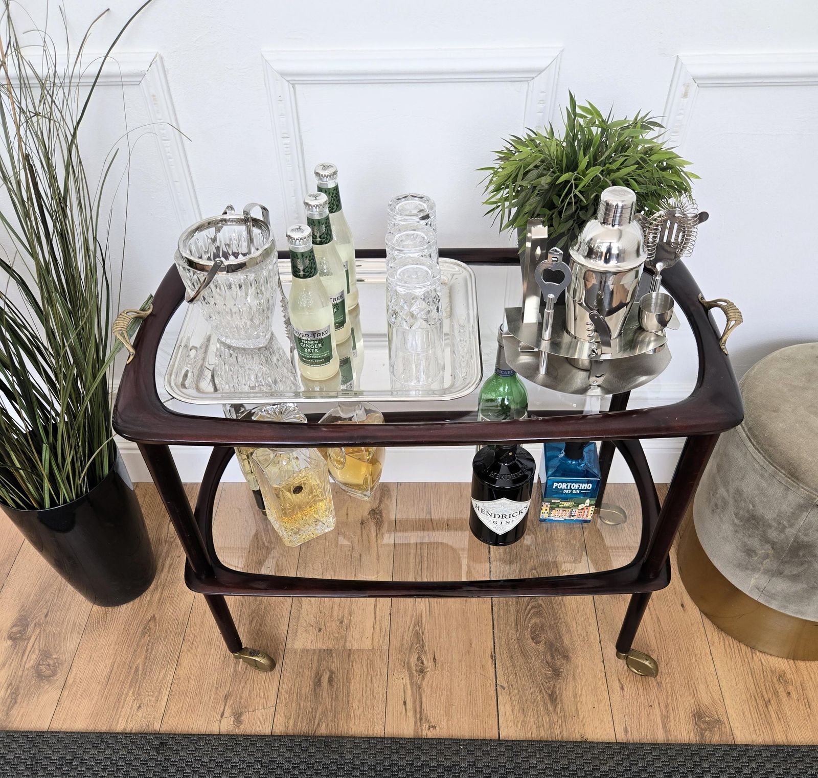 1950s Art Deco Mid Century Italian Wood And Brass Dry Bar Cabinet Liquor Cart photo Furniture