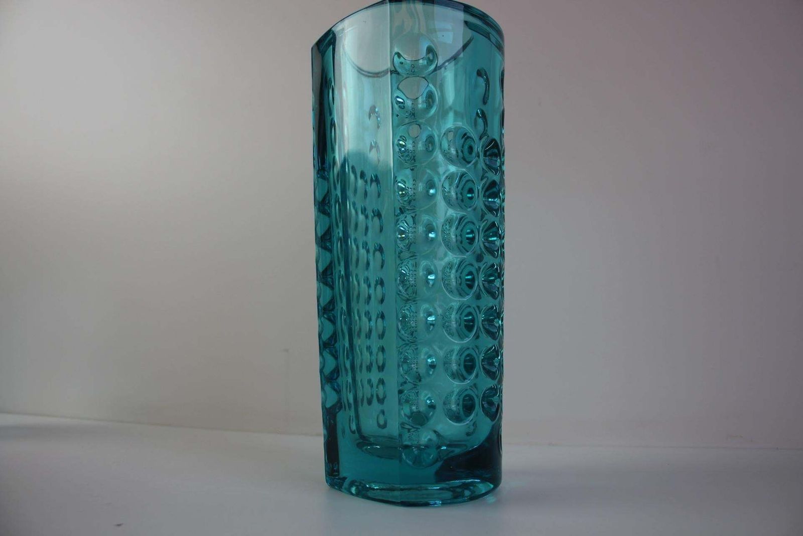 Mid Century Turquoise Geperst Glazen Vaas Van Rudolf Jurnikl, Tsjecho Slowakije, 1960 photo vinterior