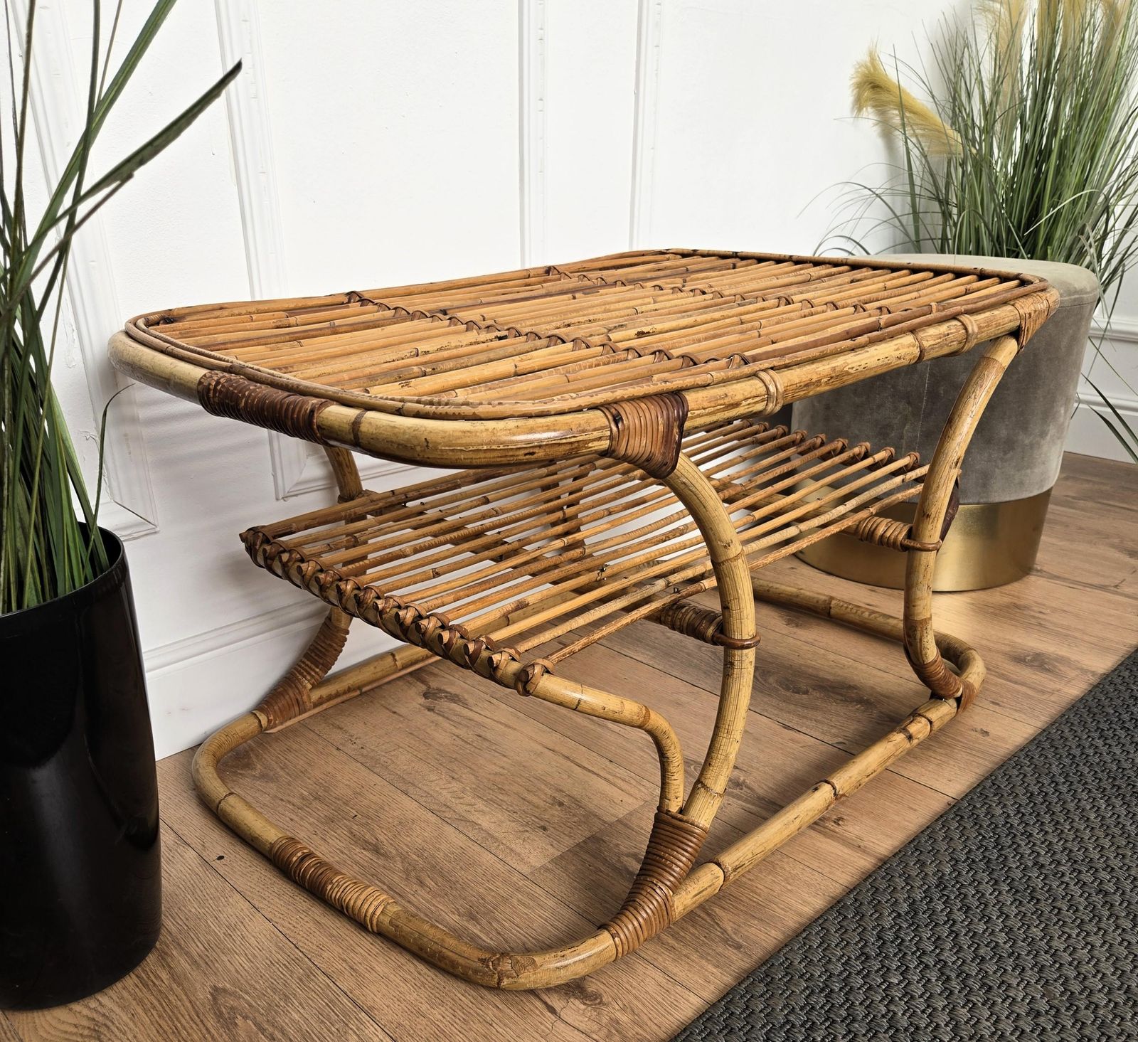 1960s Italian Bamboo Rattan Bohemian French Riviera Bench Or Side Accent Table photo vintage