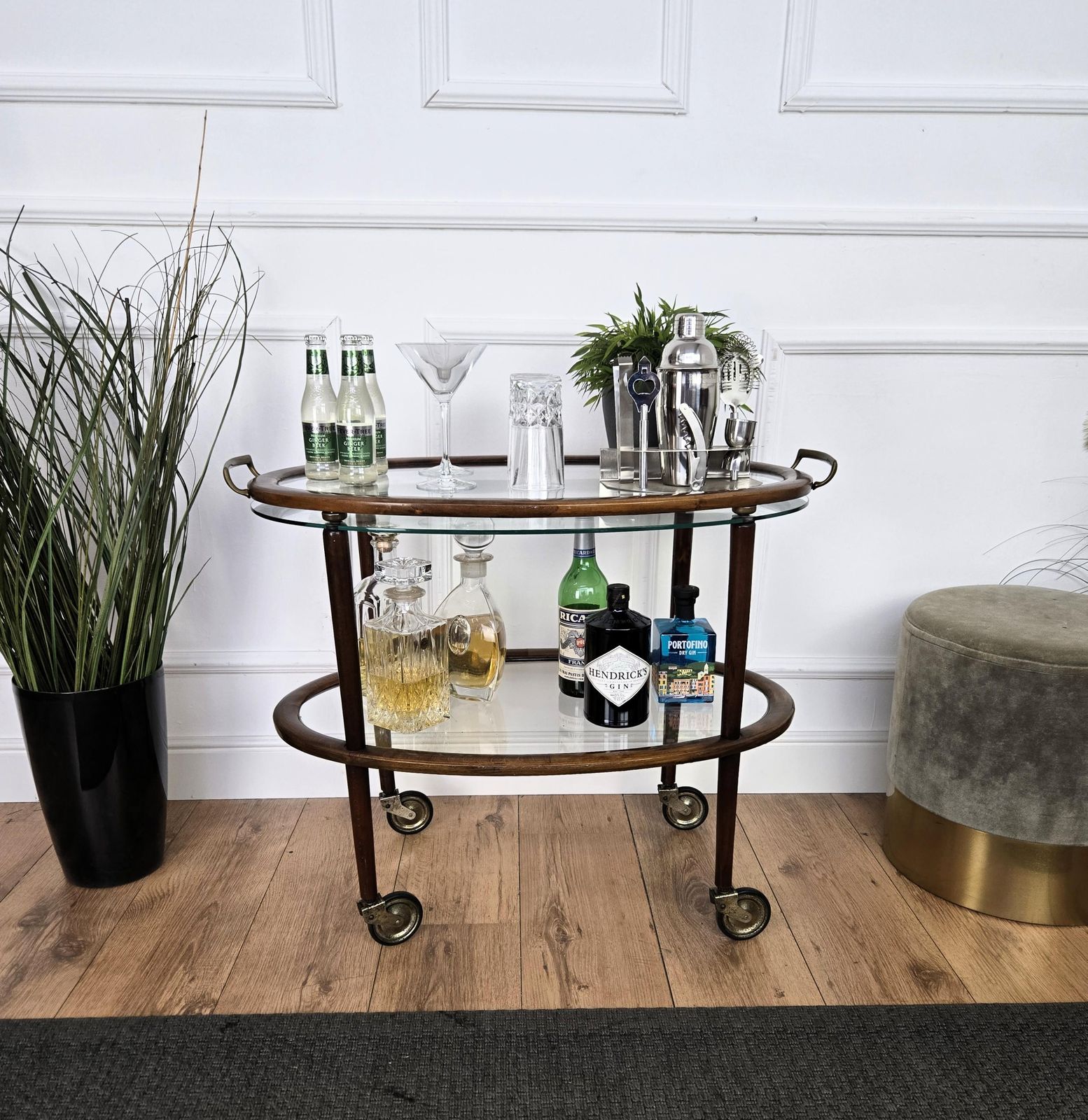 1950s Art Deco Midcentury Italian Wood And Brass Dry Bar Cabinet Liquor Cart photo furniture