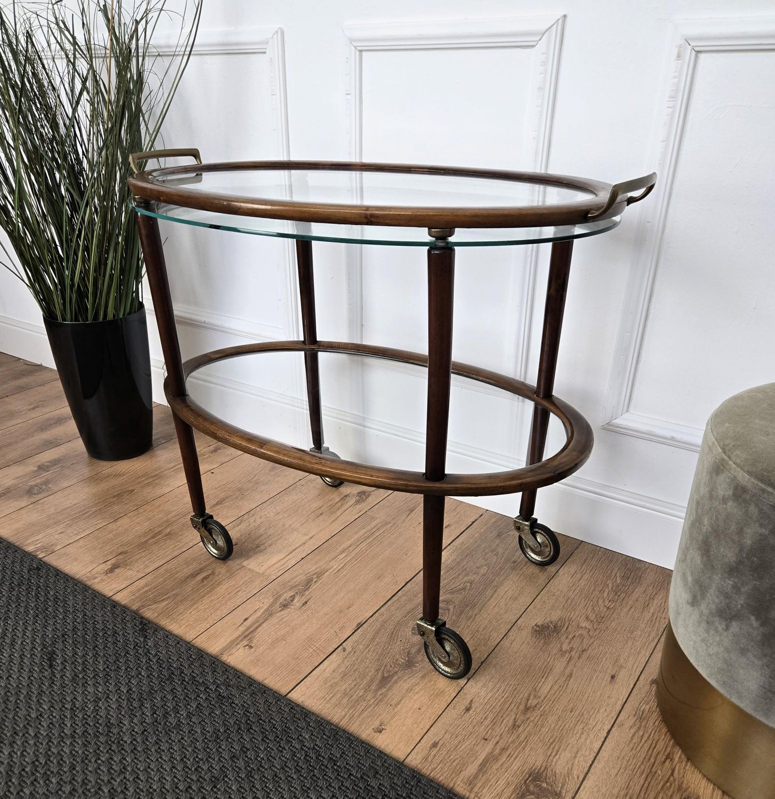 1950s Art Deco Midcentury Italian Wood And Brass Dry Bar Cabinet Liquor Cart photo vintage