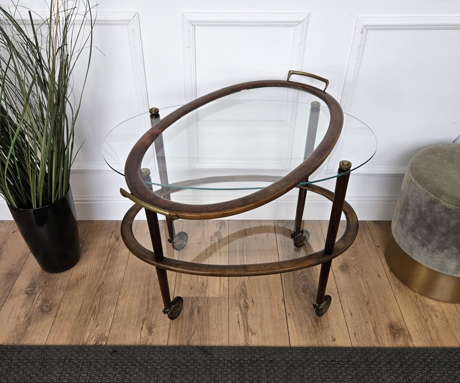 photo for sale 1950s Art Deco Midcentury Italian Wood And Brass Dry Bar Cabinet Liquor Cart