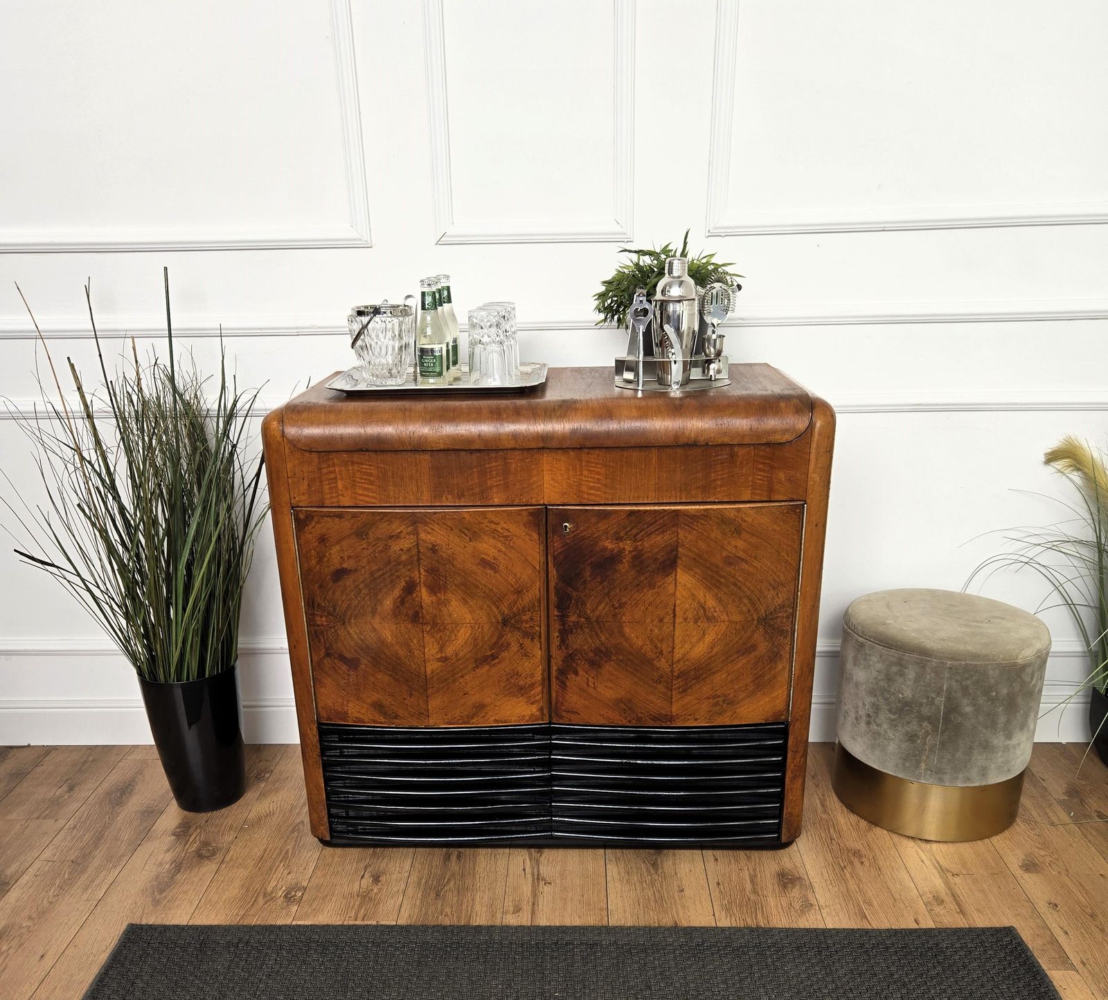 50s Art Deco Italian Radio Vynil Disc Walnut Burl Mirror Mosaic Dry Bar Cabinet photo furniture