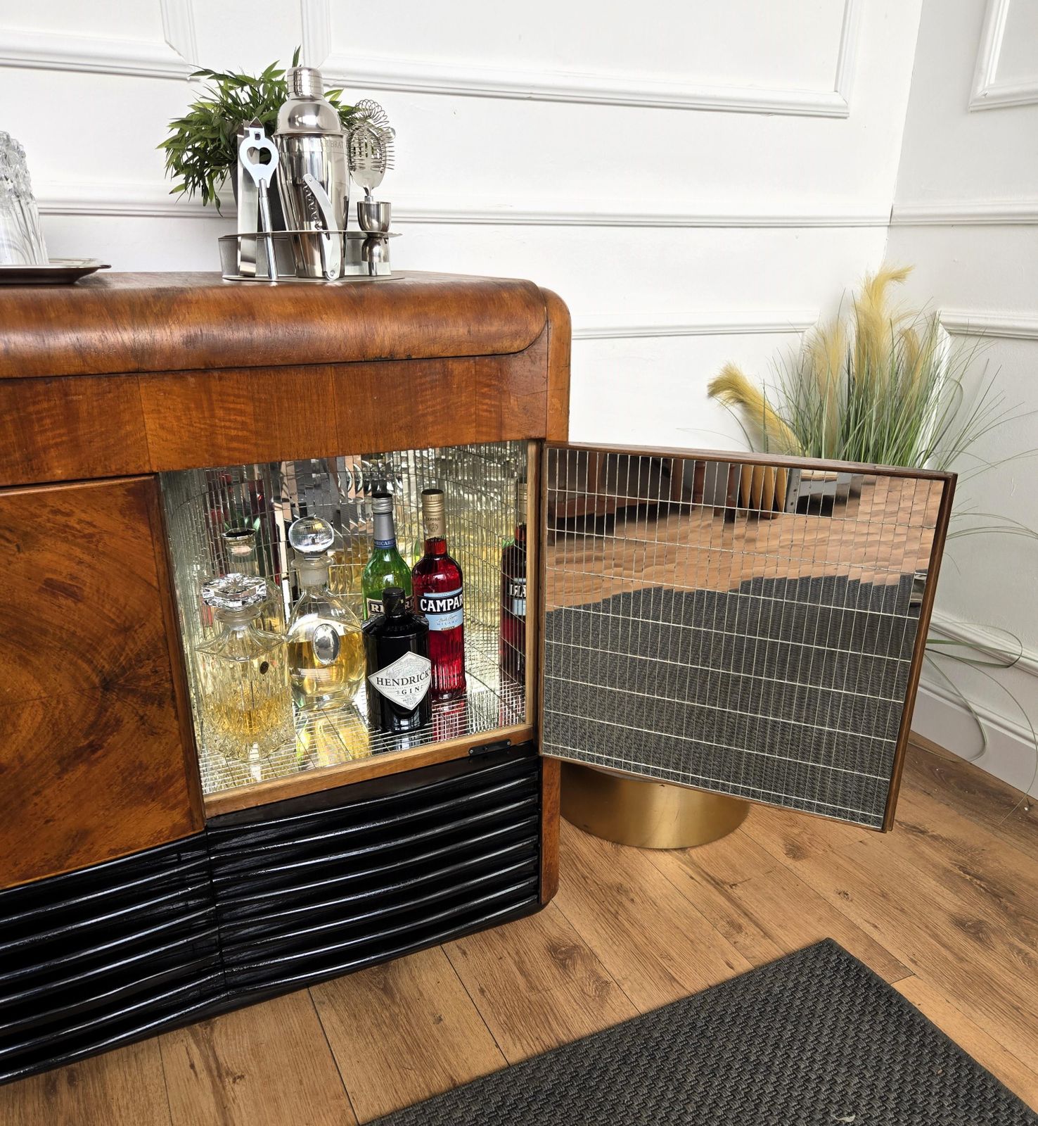 50s Art Deco Italian Radio Vynil Disc Walnut Burl Mirror Mosaic Dry Bar Cabinet photo for sale