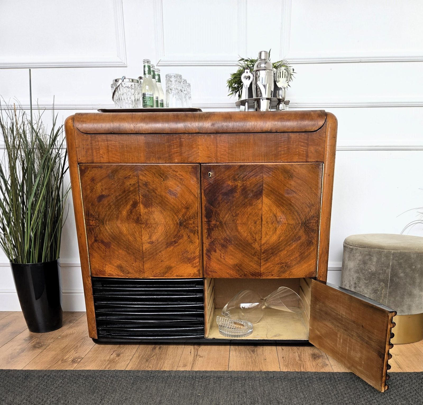 50s Art Deco Italian Radio Vynil Disc Walnut Burl Mirror Mosaic Dry Bar Cabinet photo buy
