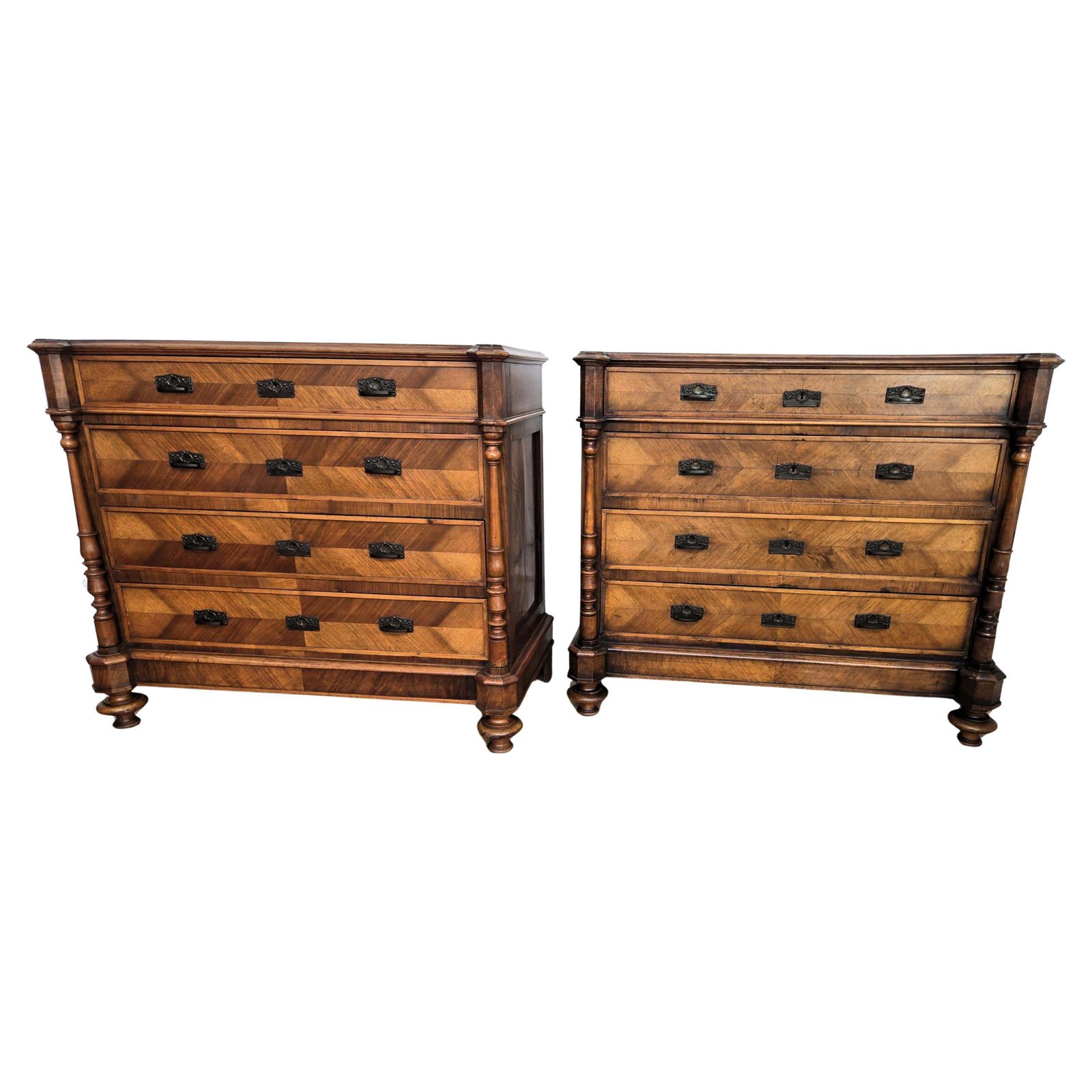 Pair Of Italian Carved Walnut Burl Brass Chest Of Drawers Sideboard Credenza