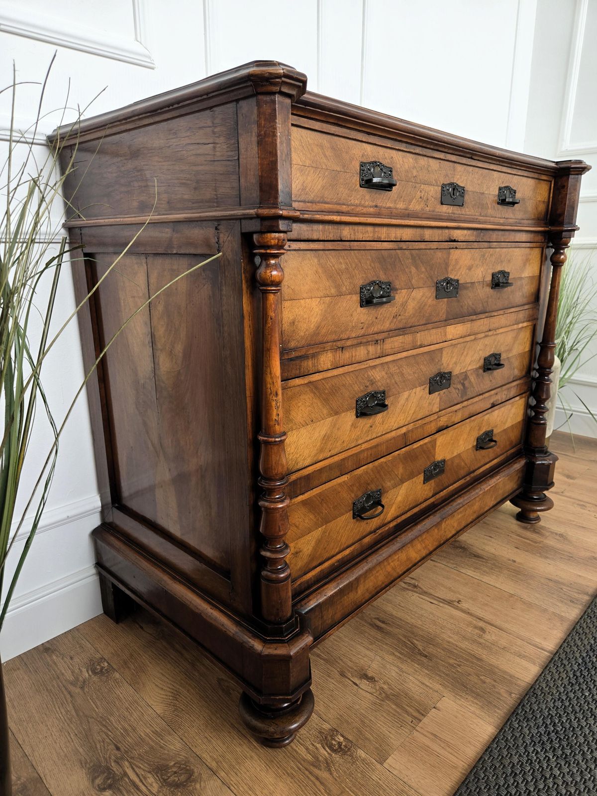 Furniture Pair Of Italian Carved Walnut Burl Brass Chest Of Drawers Sideboard Credenza photo