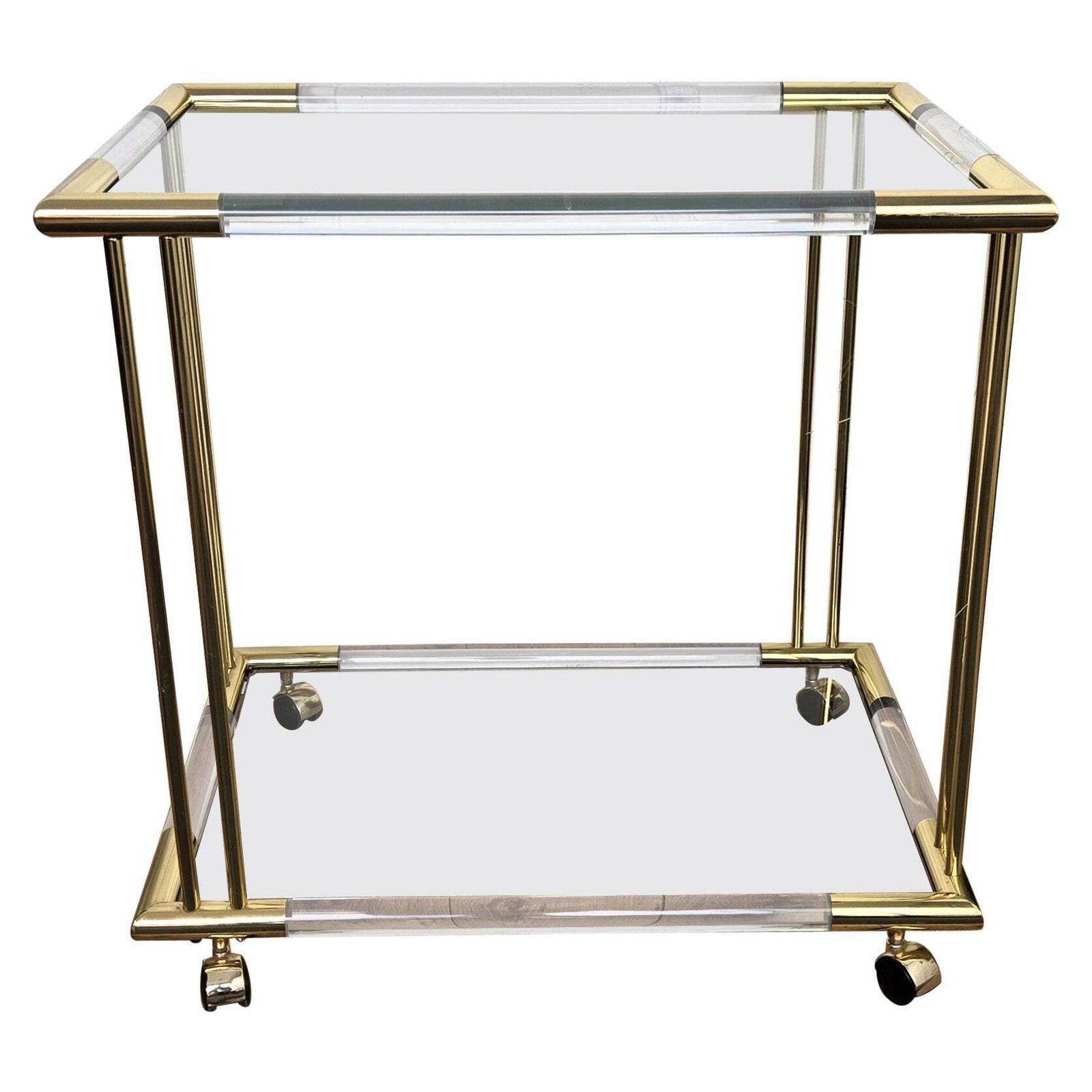 1960s Italian Two Tier Gilt Brass Plexiglass And Glass Dry Bar Cart