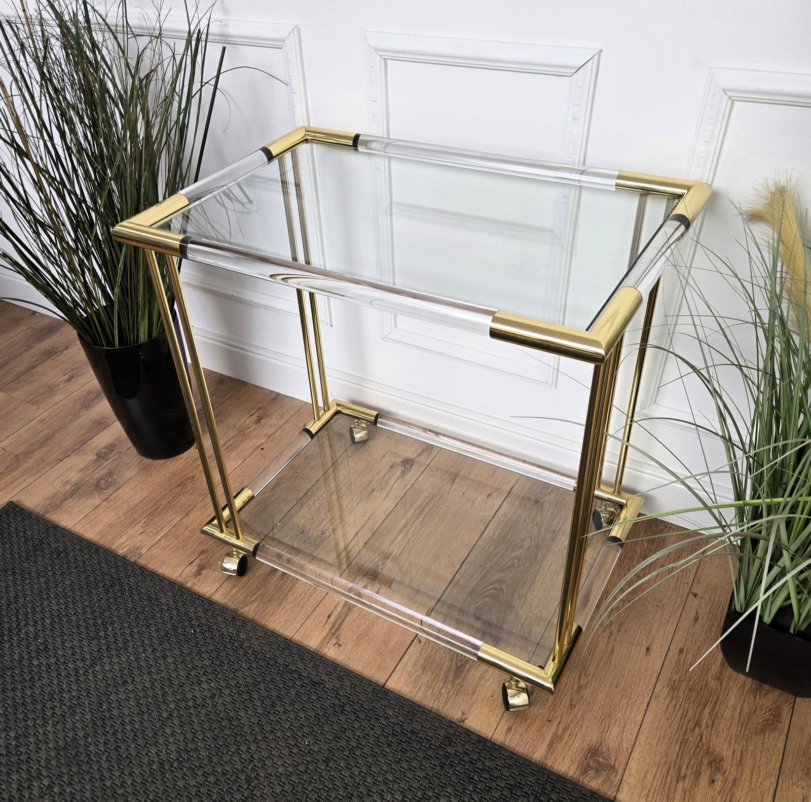 1960s Italian Two Tier Gilt Brass Plexiglass And Glass Dry Bar Cart photo buy