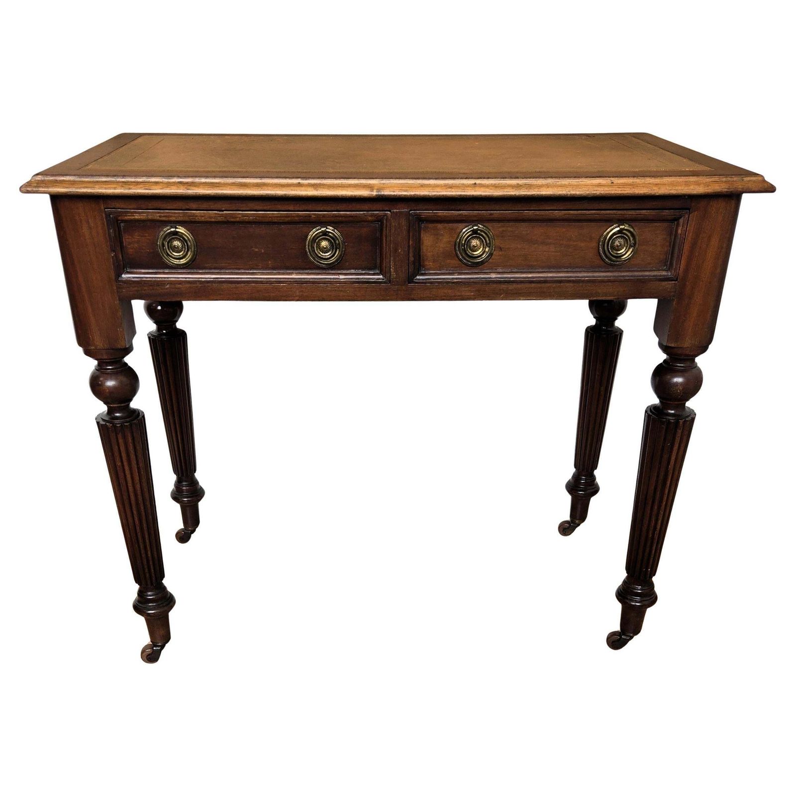 1960s Italian Art Deco Mid Century Walnut Brass Leather Desk Writing Table