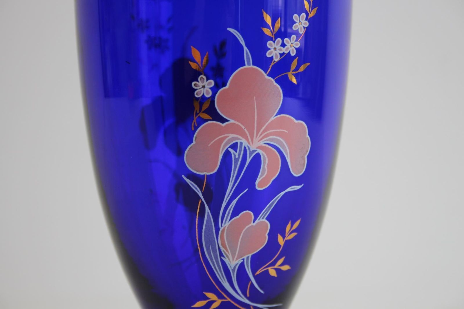 Bohemian Crystal Cobalt Blue Vase With Hand Painted Floral And Gold Details photo furniture