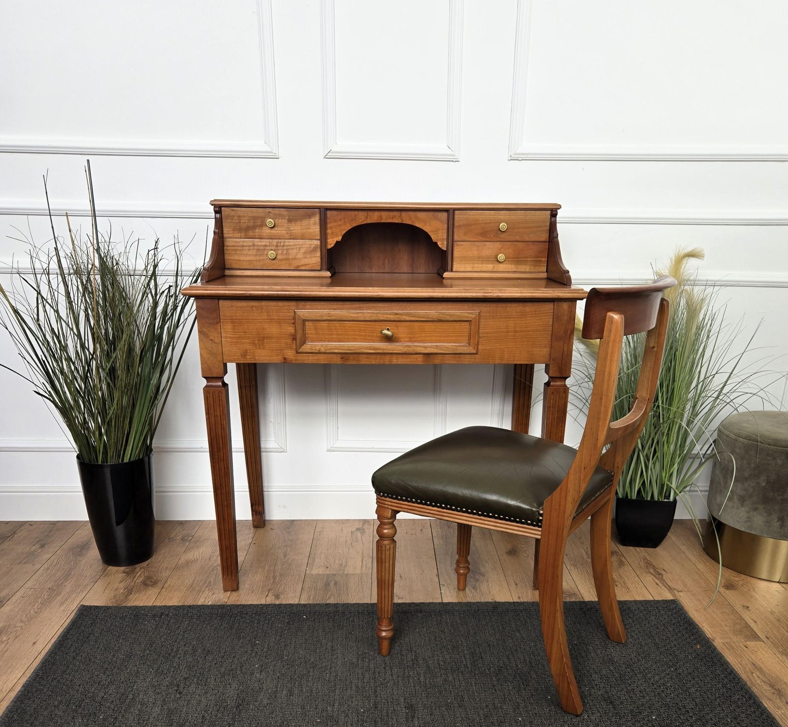 Mid Century Italian Carved Wood Writing Desk Console Table With Leather Chair photo vinterior