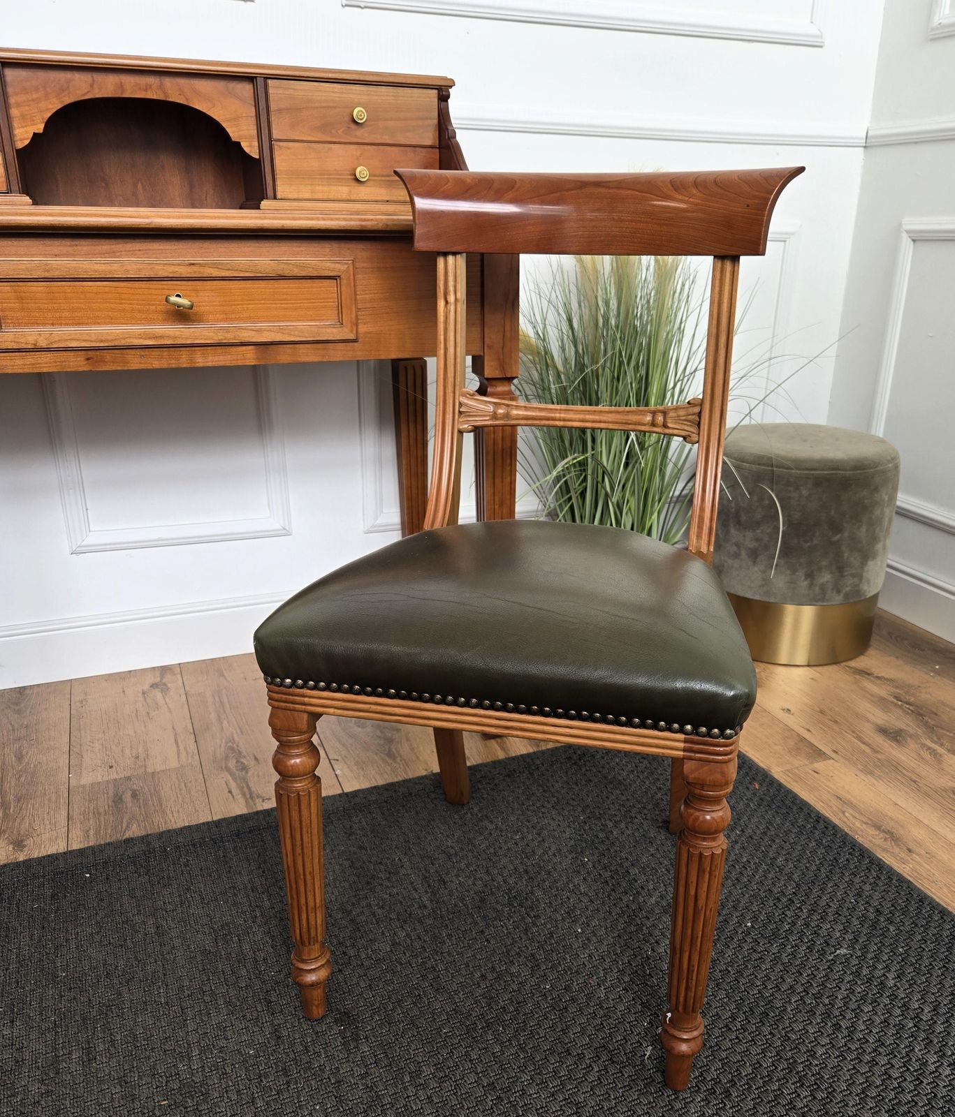 photo furniture Mid Century Italian Carved Wood Writing Desk Console Table With Leather Chair