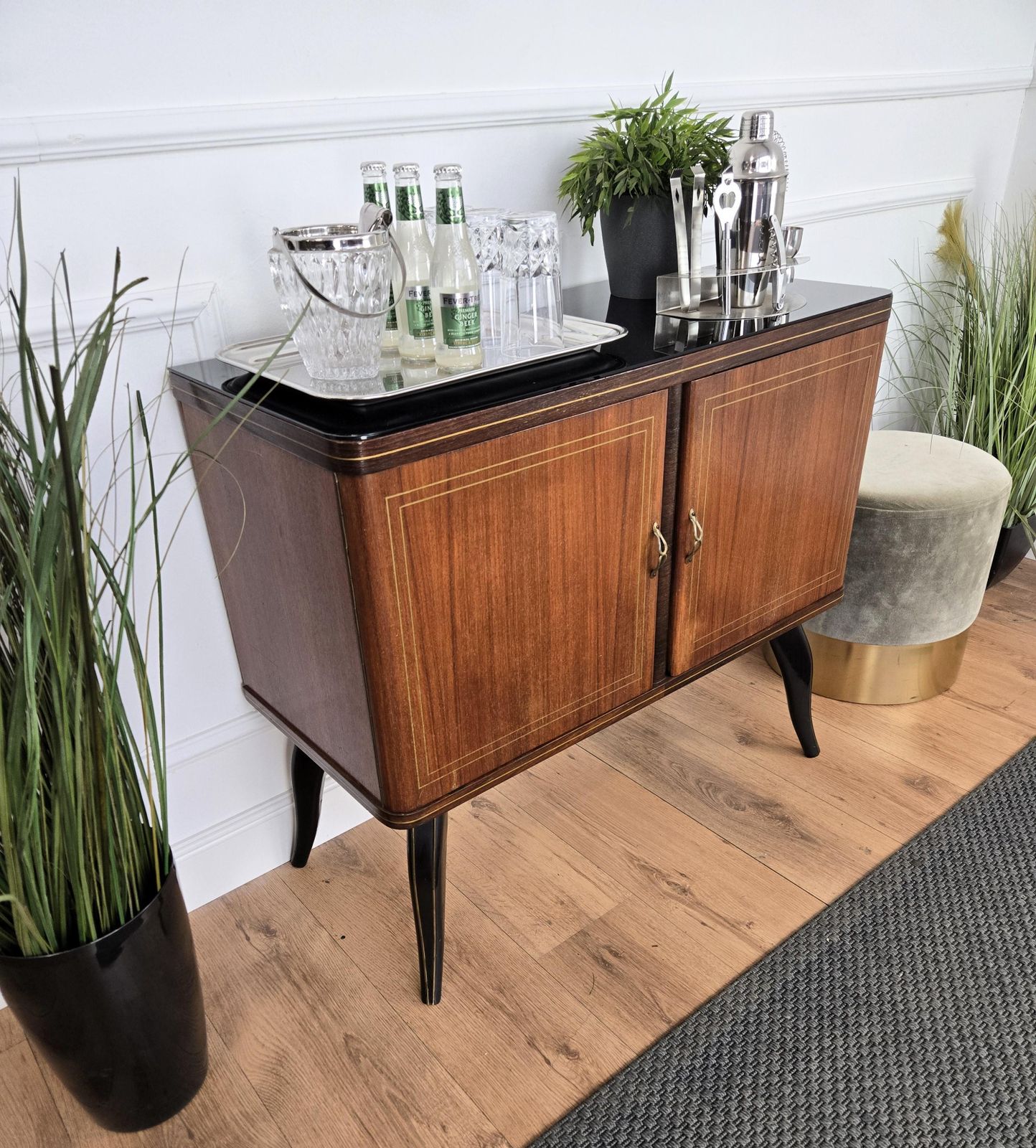 Italian 1950s Mid Century Modern Walnut And Mirror Mosaic Dry Bar Cabinet photo vinterior