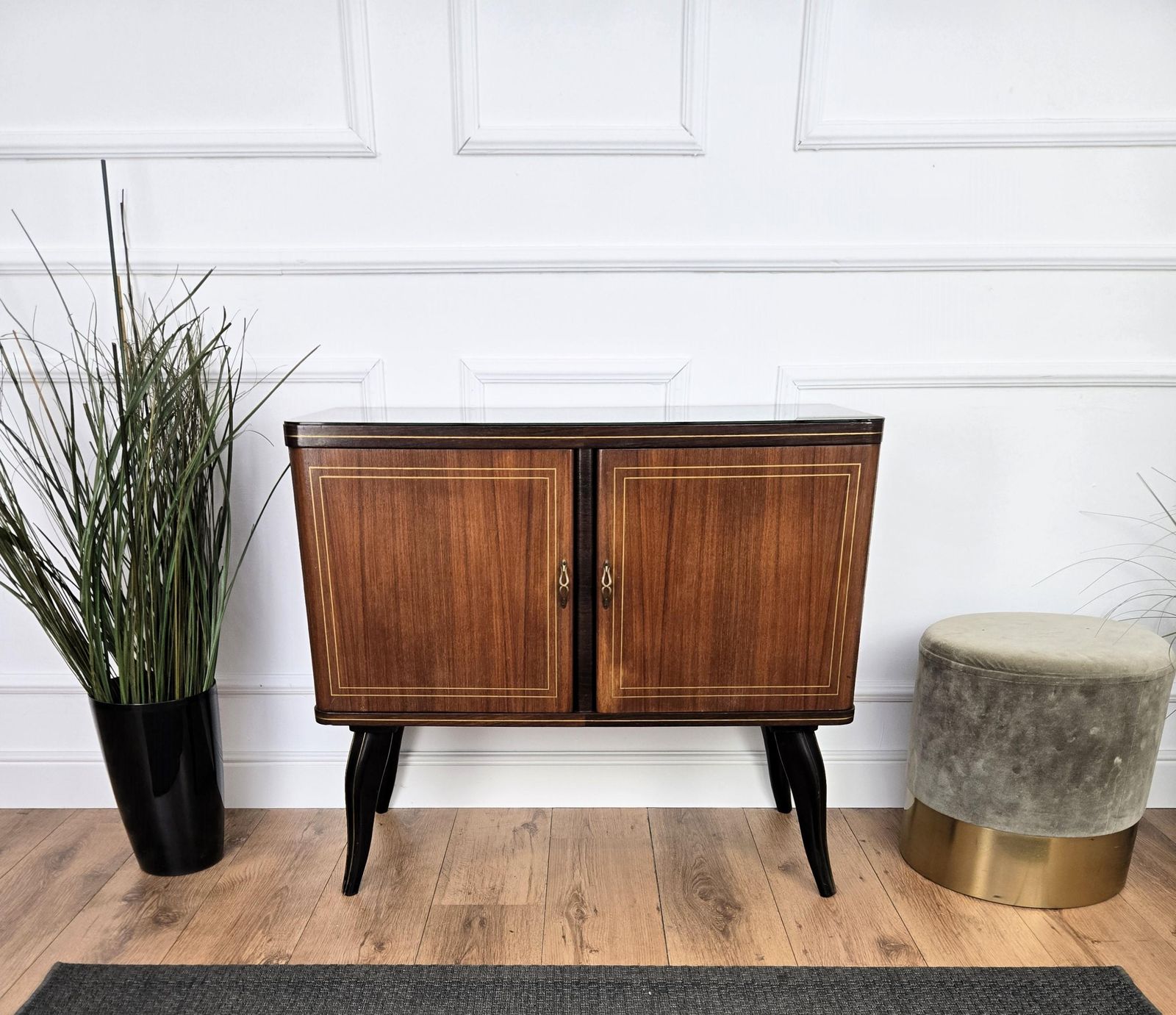 Italian 1950s Mid Century Modern Walnut And Mirror Mosaic Dry Bar Cabinet photo vintage
