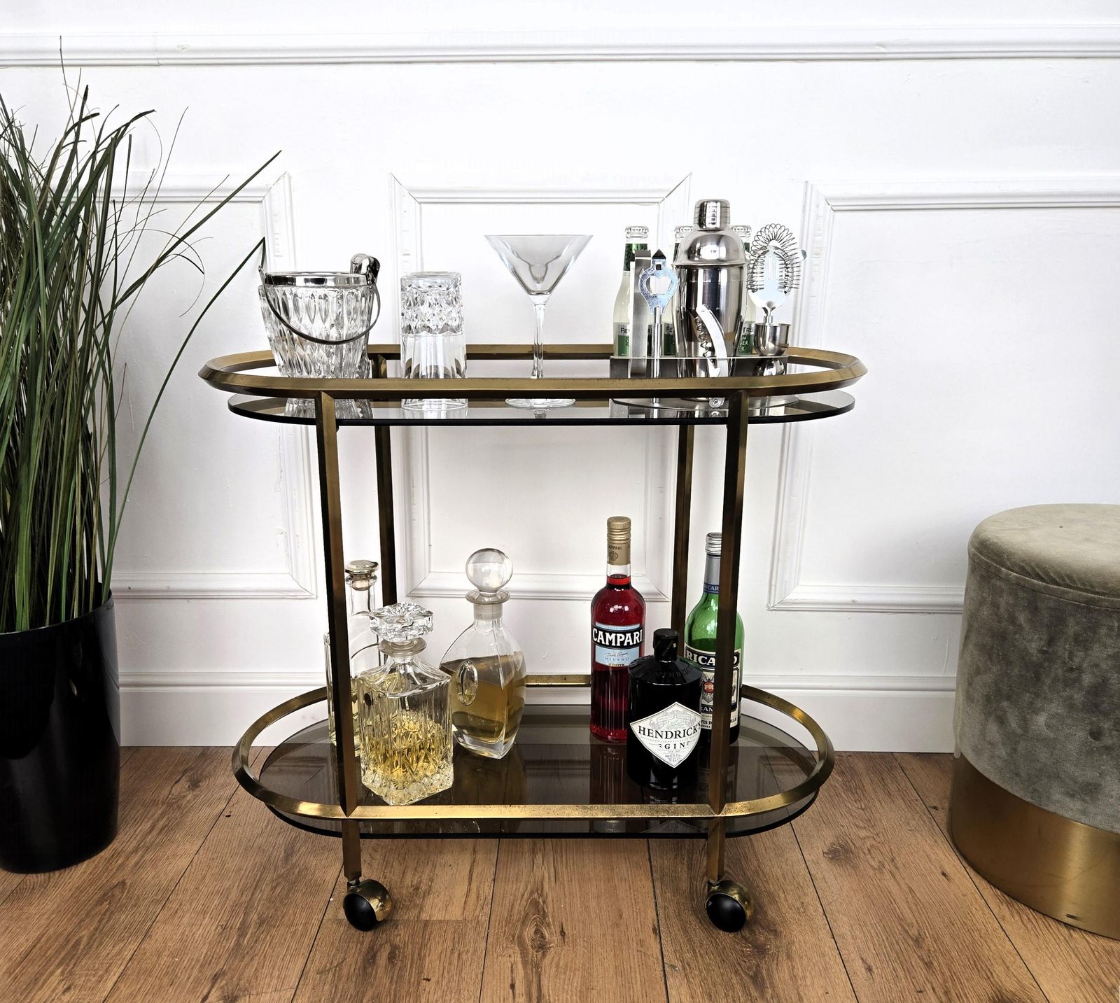 1960s Italian Two Tier Brass And Glass Bar Cart With Dark Glass Top photo furniture