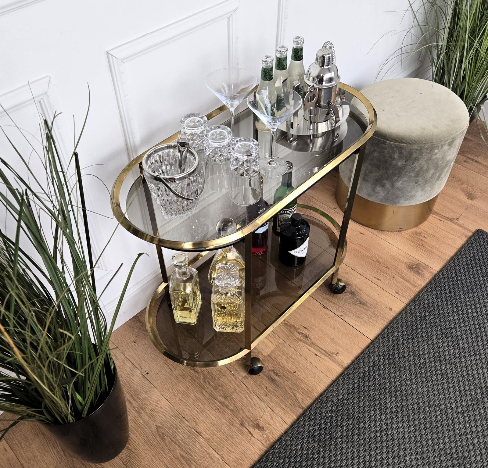 1960s Italian Two Tier Brass And Glass Bar Cart With Dark Glass Top photo 1126.0
