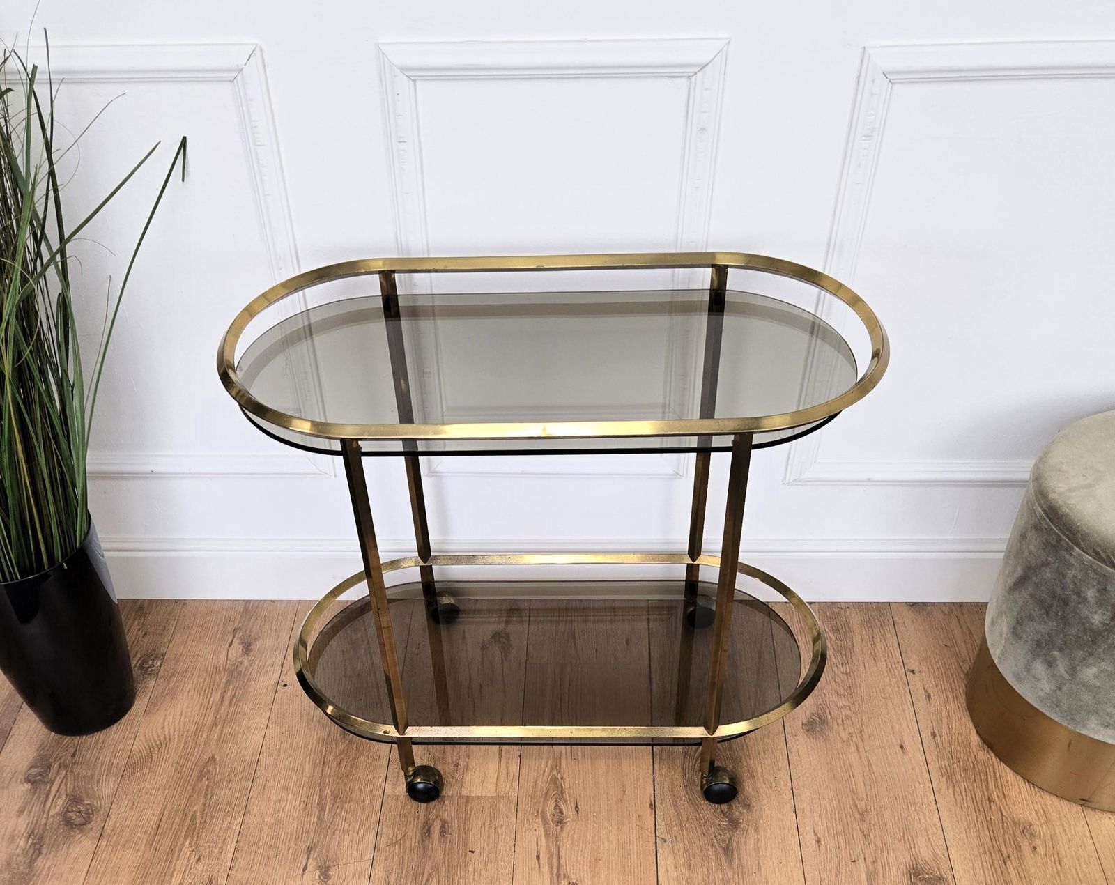 1960s Italian Two Tier Brass And Glass Bar Cart With Dark Glass Top photo vinterior