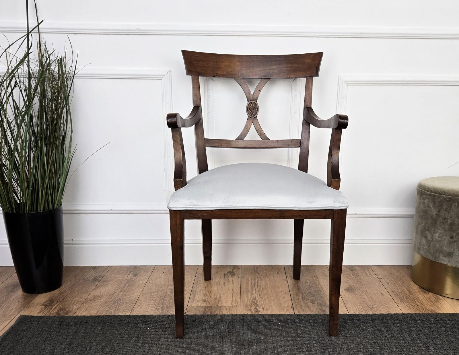 Italian Antique Walnut Newly Upholstered Open Armchair Office Desk Chair photo for sale