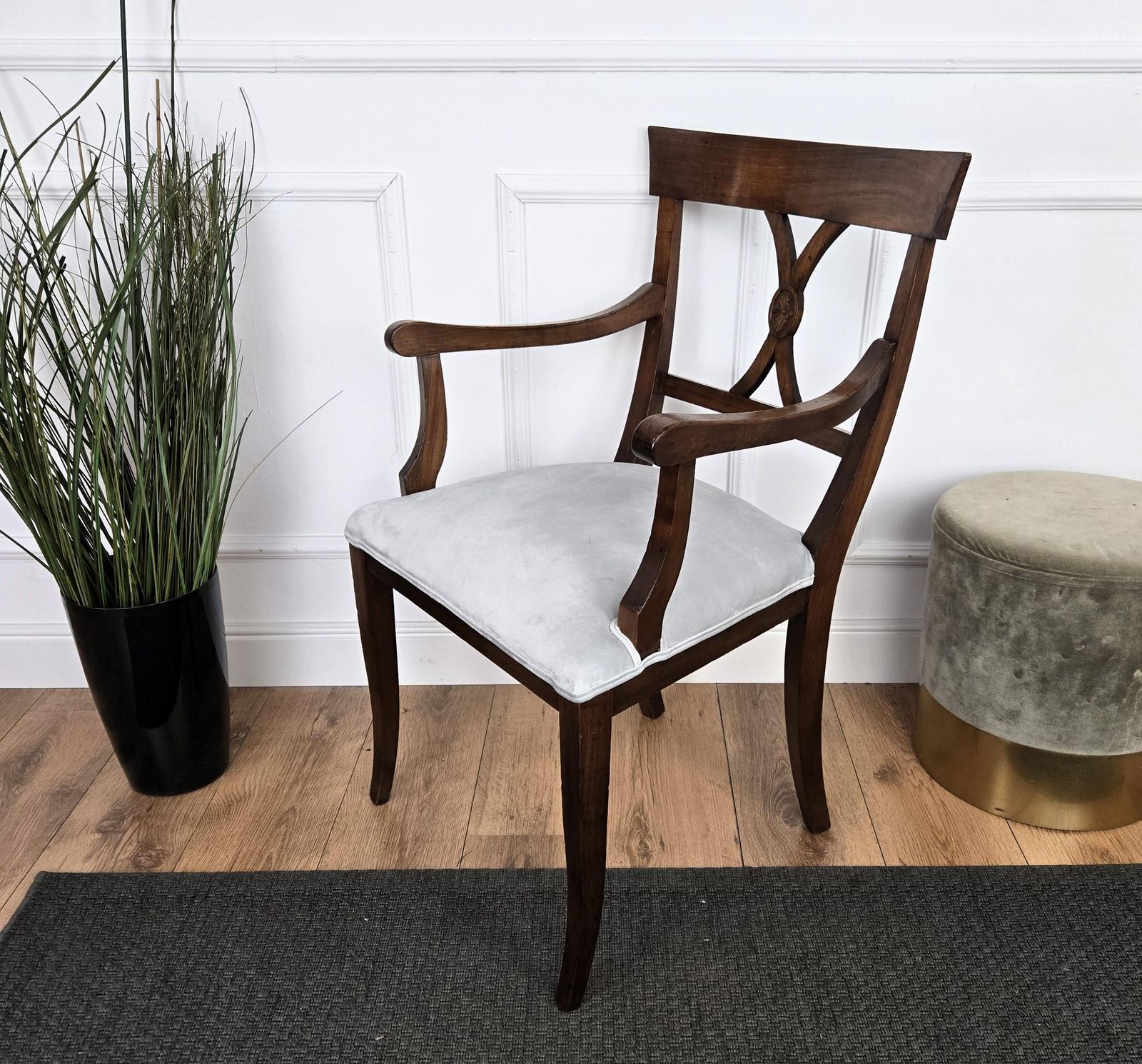 Italian Antique Walnut Newly Upholstered Open Armchair Office Desk Chair photo vinterior
