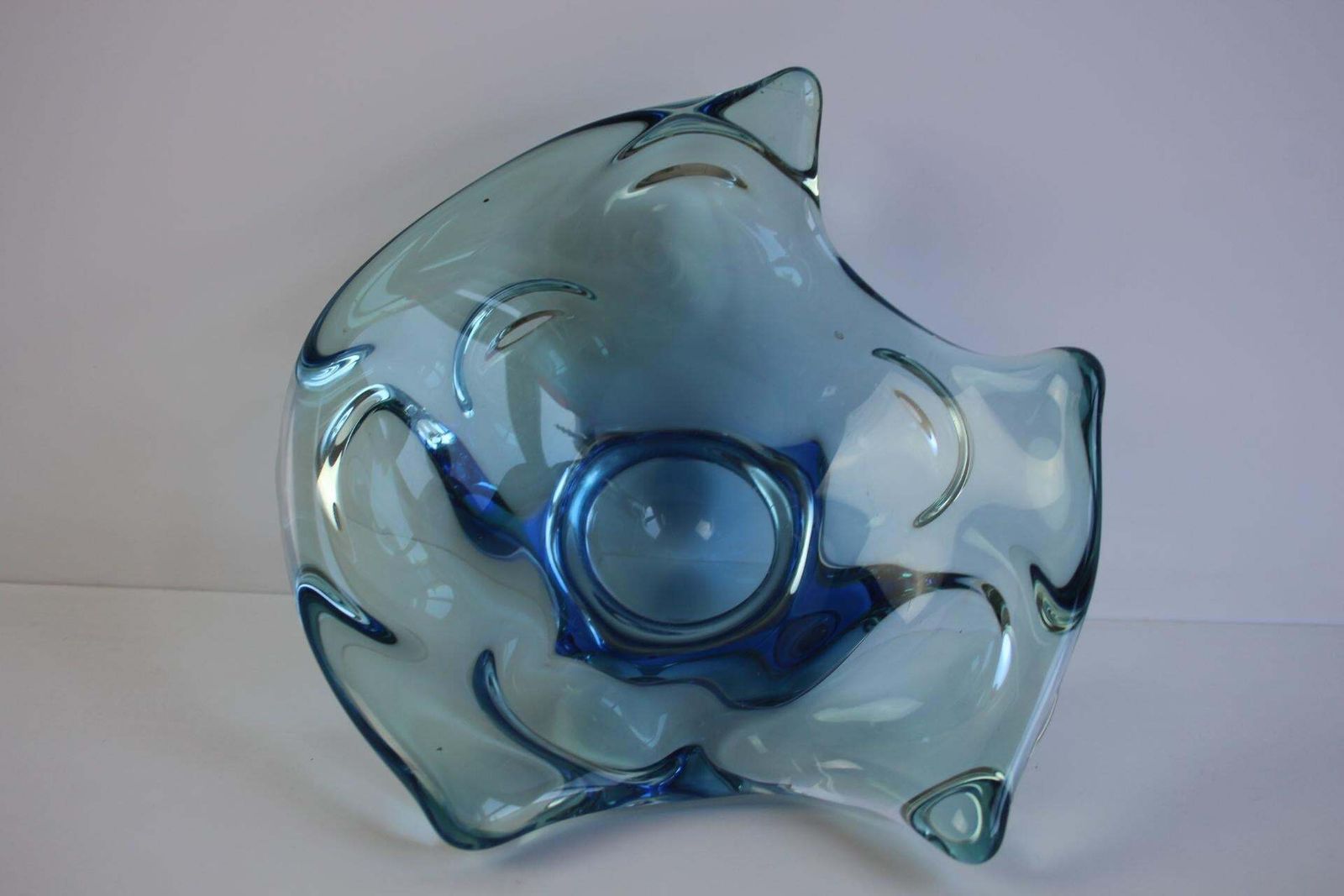 photo for sale Mid Century Czech Art Glass Bowl By Chribska, Blue & Green, 1960s
