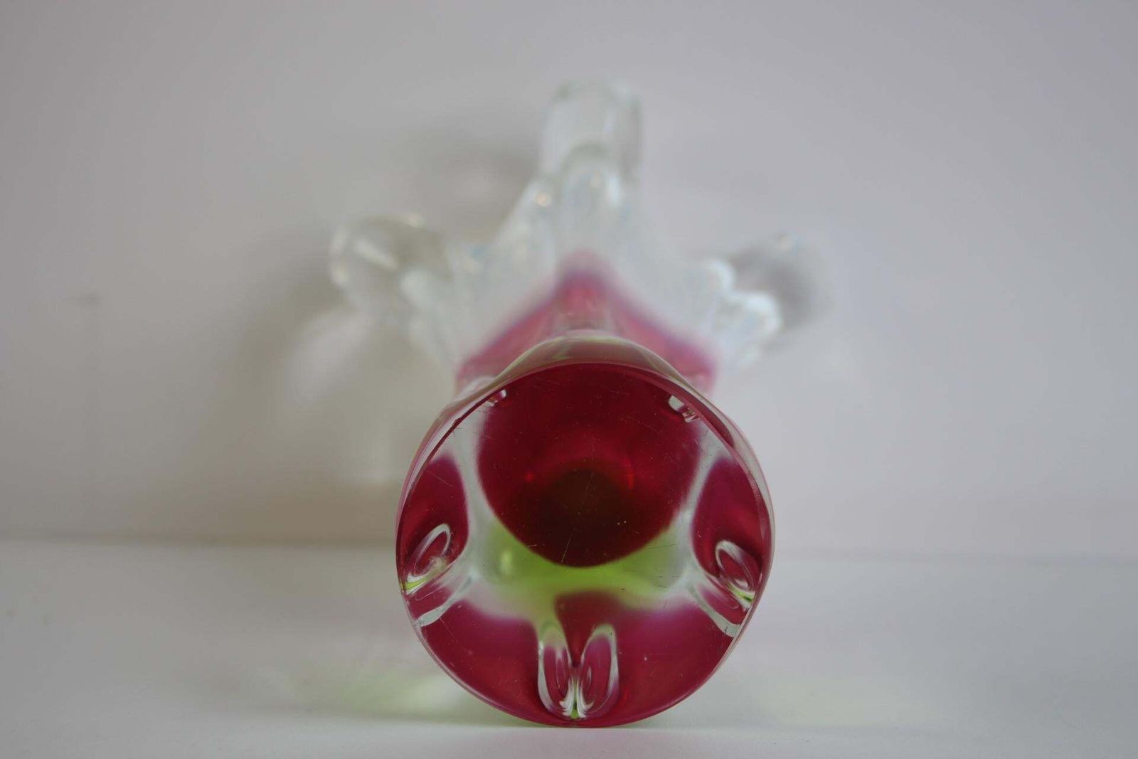 Stunning Mid Century Czech Art Glass Vase By Hospodka Red, Pink, And Lime Green photo buy