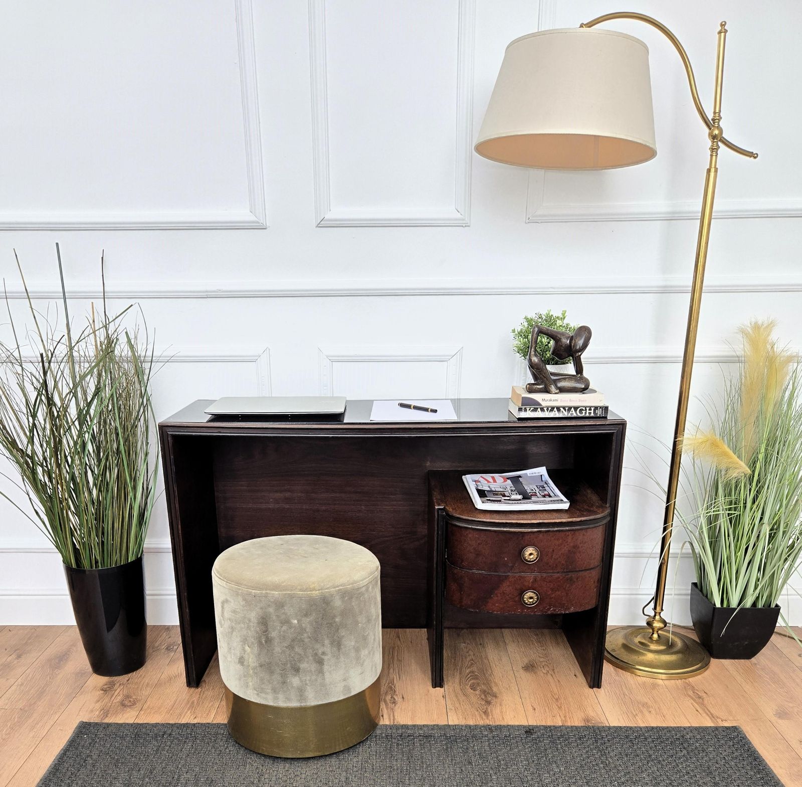 1940s Art Deco Midcentury Italian Walnut Burl Glass Writing Desk Table Console photo furniture