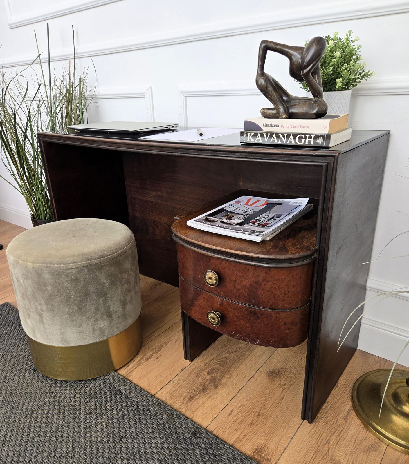 1940s Art Deco Midcentury Italian Walnut Burl Glass Writing Desk Table Console photo Furniture