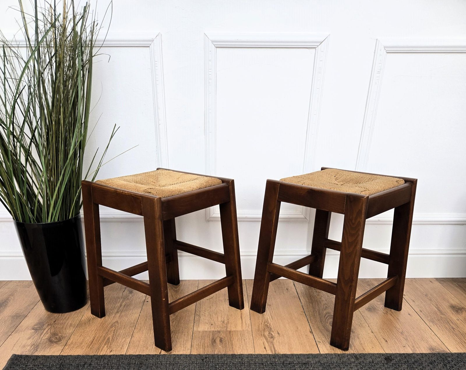 Pair Of 1960s Italian Midcentury Wood And Cord Woven Rope Stools photo 886.0