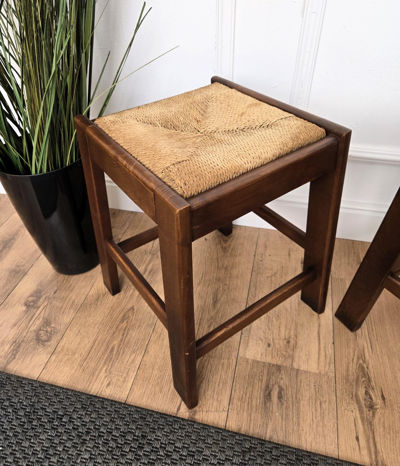 Pair Of 1960s Italian Midcentury Wood And Cord Woven Rope Stools photo buy